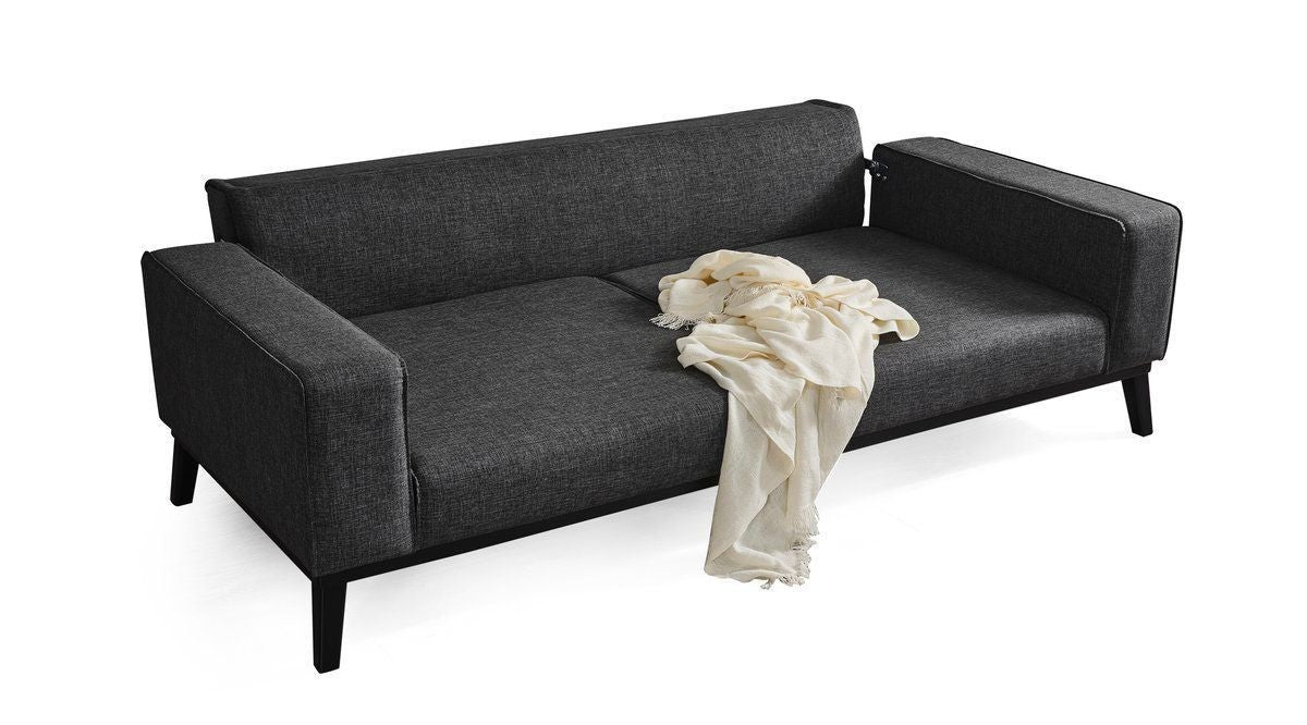 Sofá-cama elegante de 3 lugares, antracite, 222 x 92 x 74 cm | Estrutura em madeira de faia, 100% poliéster, mecanismo giratório, pernas de madeira preta | Perfeito para espaços modernos