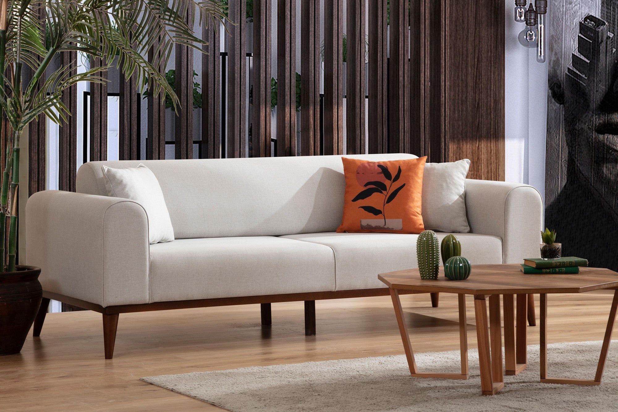 Sofá-cama elegante de 3 lugares, creme, 222 x 90 x 80 cm | Estrutura em madeira de faia, 100% poliéster, mecanismo giratório | Elegante e funcional para uma vida moderna