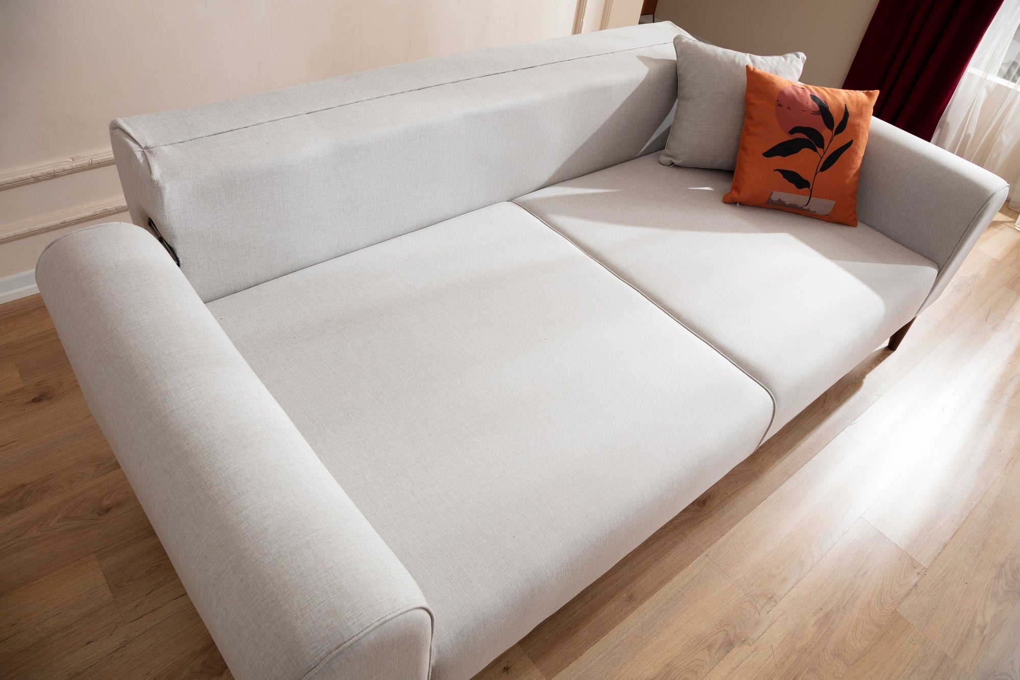 Sofá-cama elegante de 3 lugares, creme, 222 x 90 x 80 cm | Estrutura em madeira de faia, 100% poliéster, mecanismo giratório | Elegante e funcional para uma vida moderna