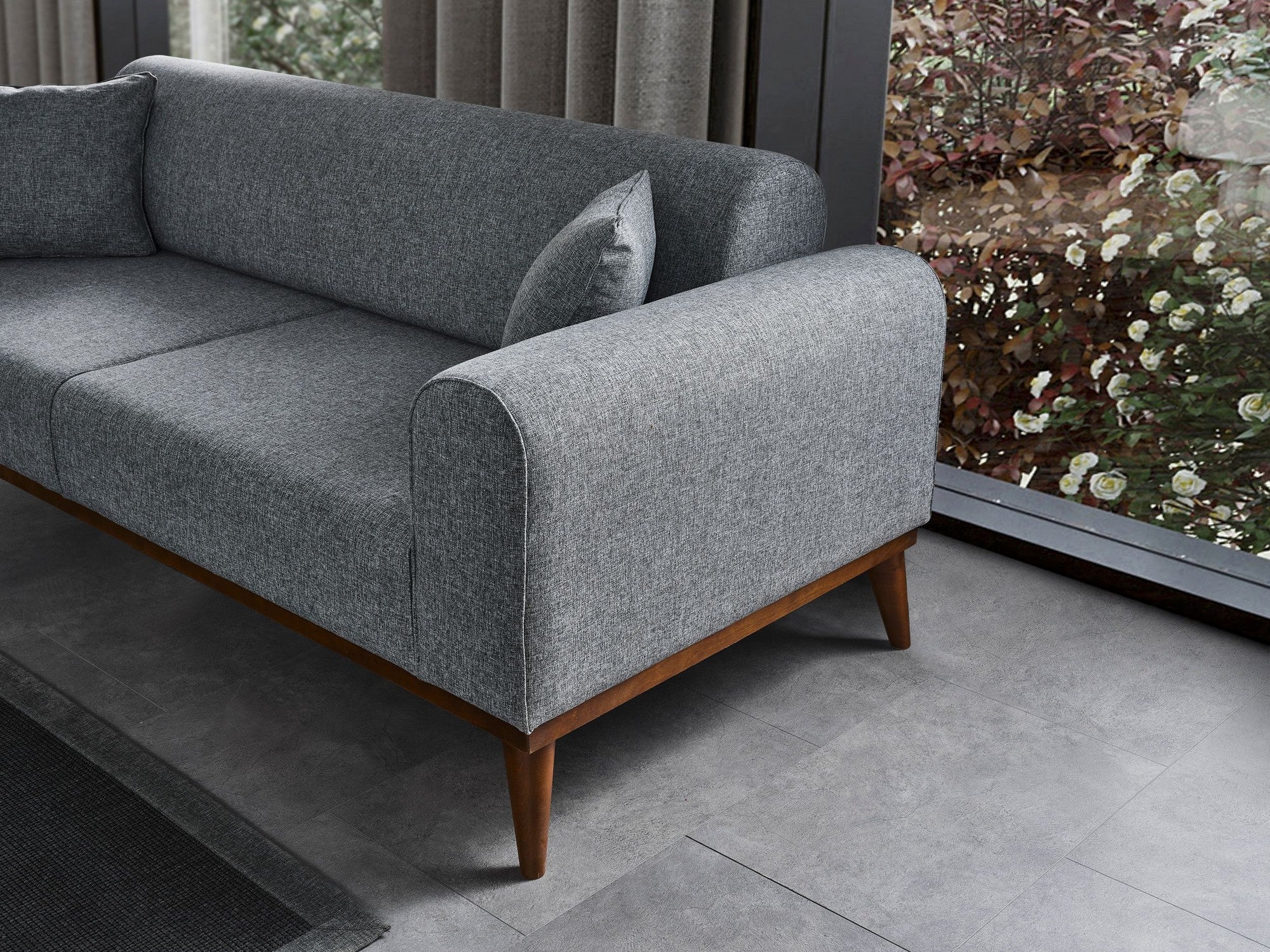 Sofá-cama elegante de 3 lugares, cinza claro, 222 x 90 x 80 cm | Estrutura em madeira de faia, 100% poliéster, mecanismo giratório nas costas | Design confortável e versátil