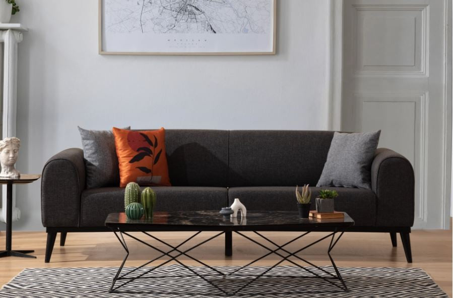Sofá-cama elegante de 3 lugares, antracite, 220x84x77 cm | Estrutura em madeira de faia, 100% poliéster, mecanismo giratório nas costas | Design confortável e elegante
