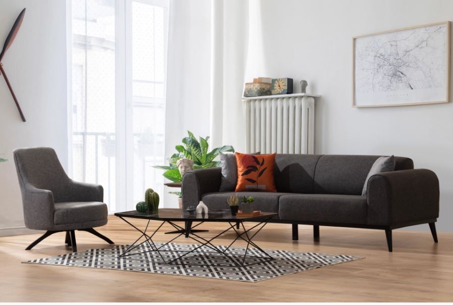 Sofá-cama elegante de 3 lugares, antracite, 220x84x77 cm | Estrutura em madeira de faia, 100% poliéster, mecanismo giratório nas costas | Design confortável e elegante