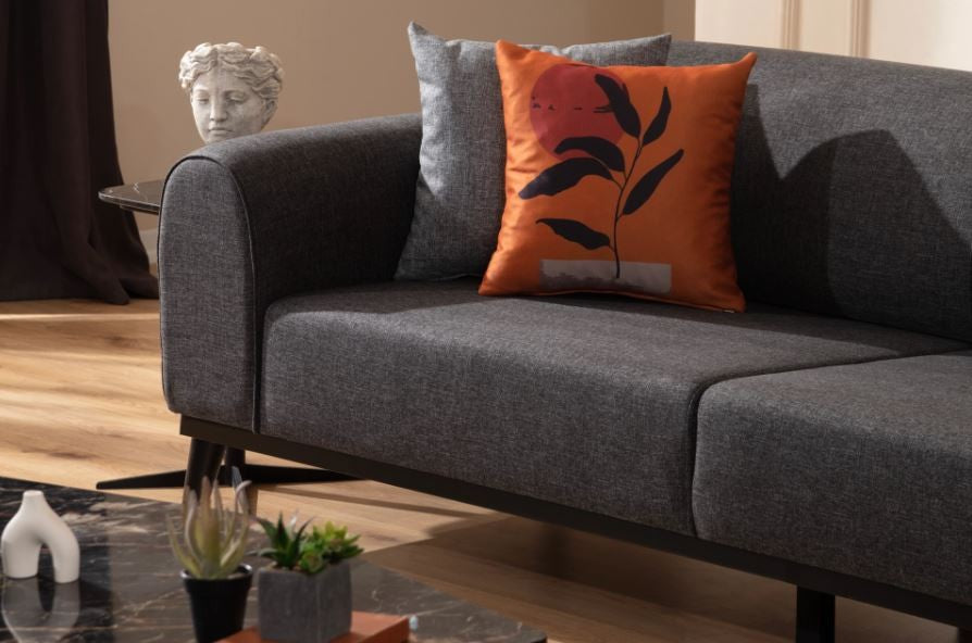 Sofá-cama elegante de 3 lugares, antracite, 220x84x77 cm | Estrutura em madeira de faia, 100% poliéster, mecanismo giratório nas costas | Design confortável e elegante