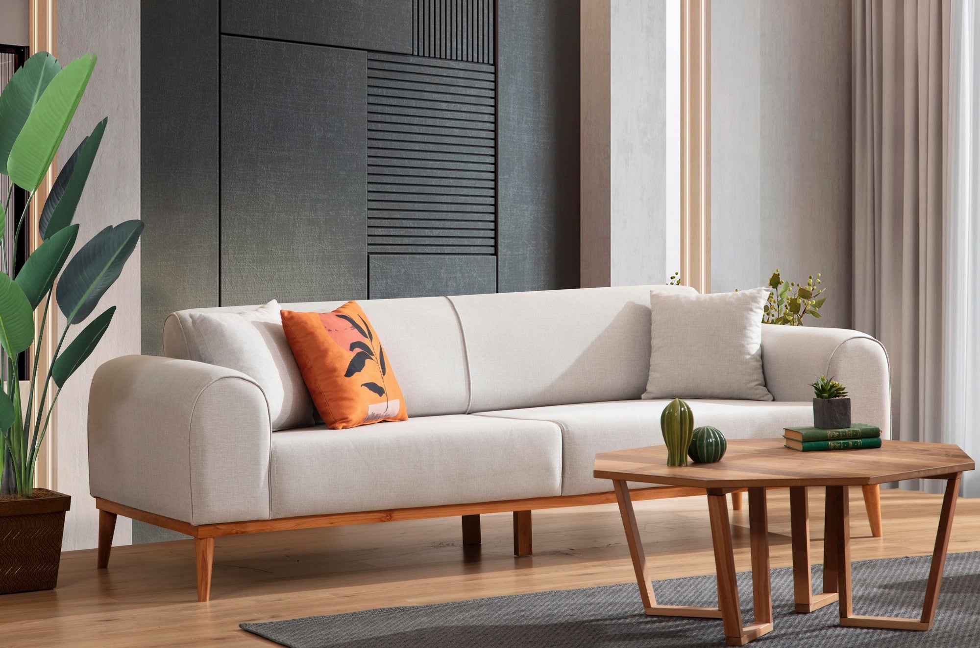 Sofá-cama elegante de 3 lugares, creme, 220 x 84 x 77 cm | Estrutura em madeira de faia, 100% poliéster, mecanismo giratório, pernas de madeira preta | Perfeito para espaços modernos