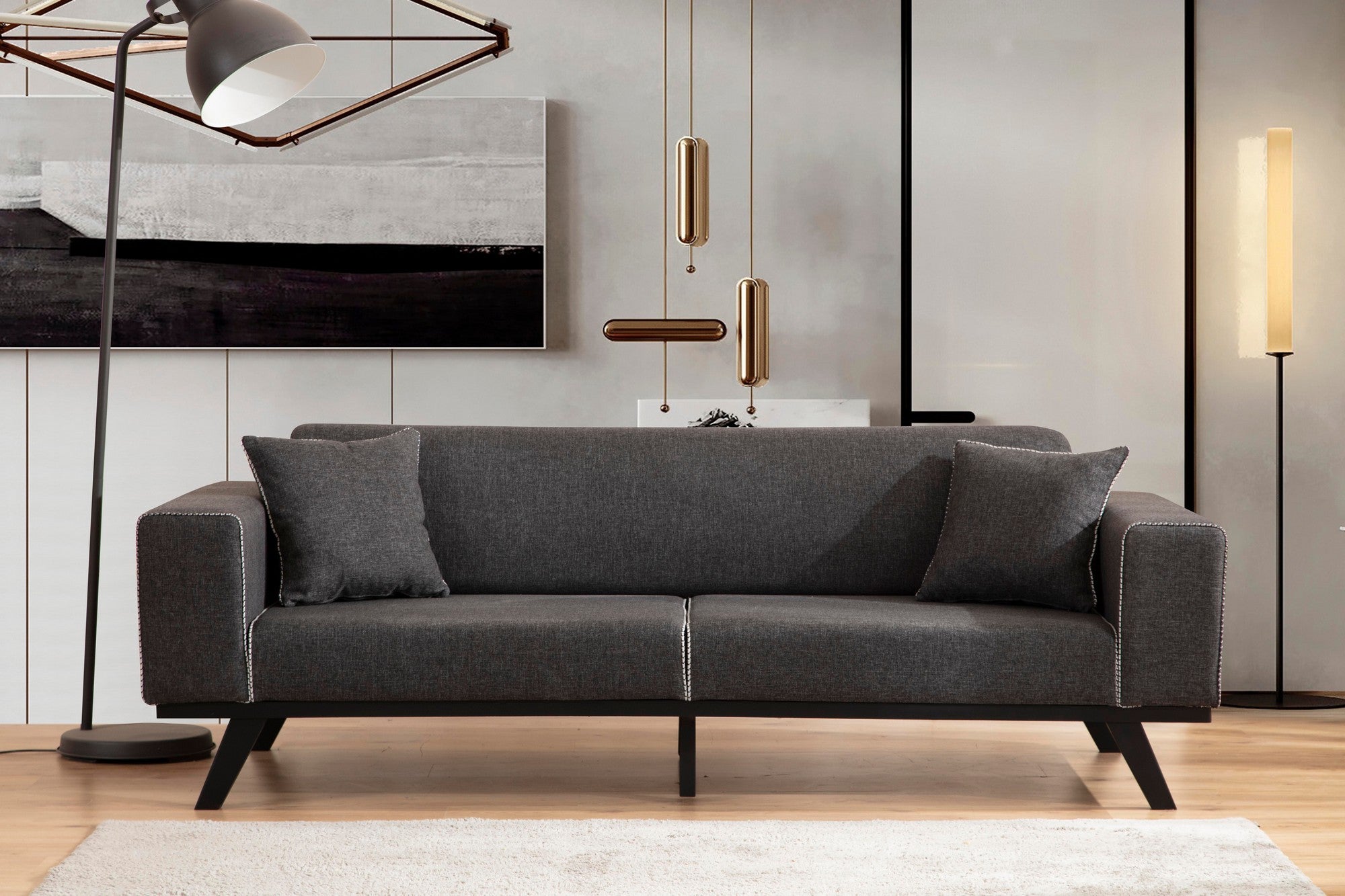 Sofá-cama elegante de 3 lugares, antracite, 222 x 92 x 77 cm | Estrutura em madeira de faia, 100% poliéster, mecanismo giratório nas costas, pernas de madeira preta | Perfeito para espaços modernos