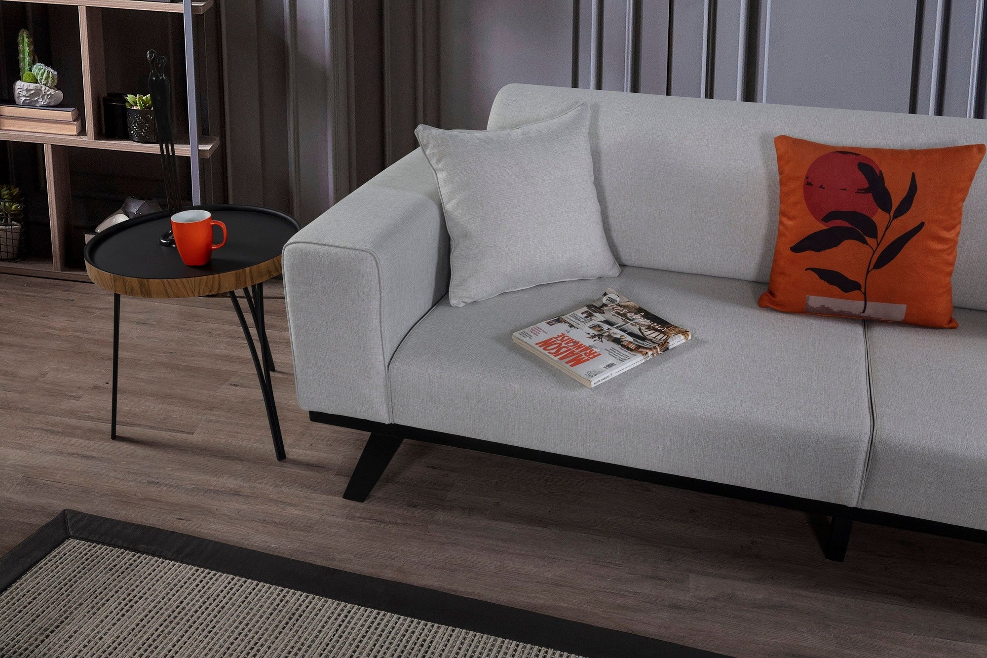 Sofá-cama elegante de 3 lugares, cinza claro, 222 x 92 x 77 cm | Estrutura em madeira de faia, 100% poliéster, mecanismo giratório, pernas de madeira pretas | Perfeito para espaços modernos