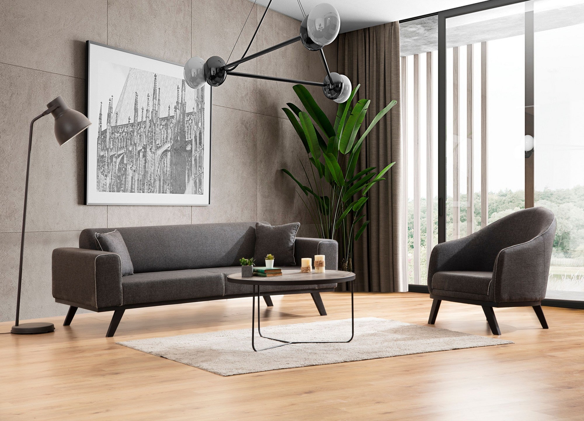 Poltrona Elegante, Antracite, 75 x 90 x 82 cm | Estrutura em madeira de faia e aglomerado, 100% poliéster, almofadas de espuma macia | Elegante e confortável para sala de estar