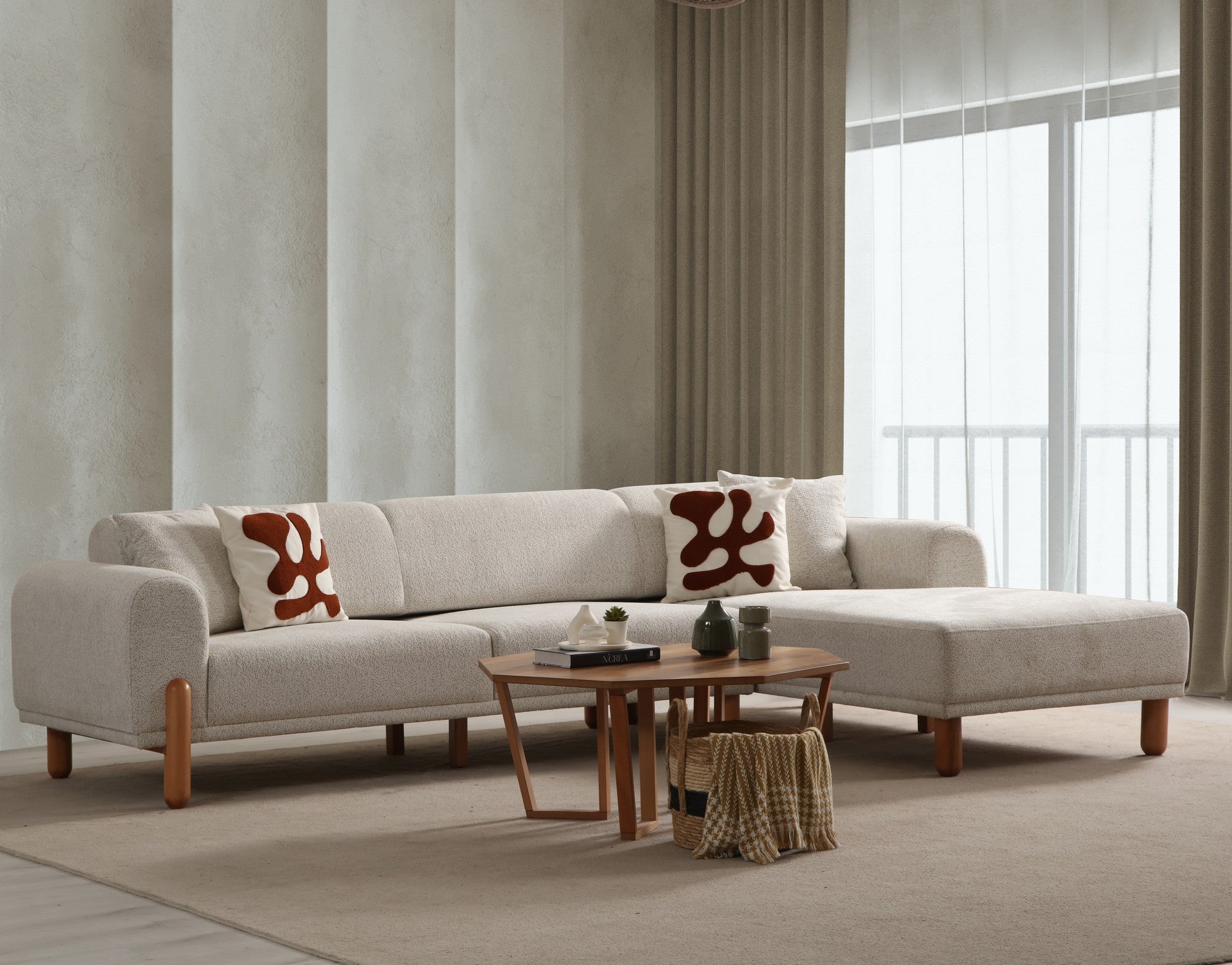 Sofá-cama de canto elegante, creme, 290 x 180 cm | Estrutura em madeira de faia e aglomerado, 100% poliéster, mecanismo giratório nas costas, pernas de madeira preta | Elegante e funcional
