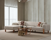 Sofá-cama de canto elegante, creme, 180 x 290 cm | Estrutura em madeira de faia e aglomerado, 100% poliéster, mecanismo giratório nas costas, pernas de madeira preta | Elegante e funcional