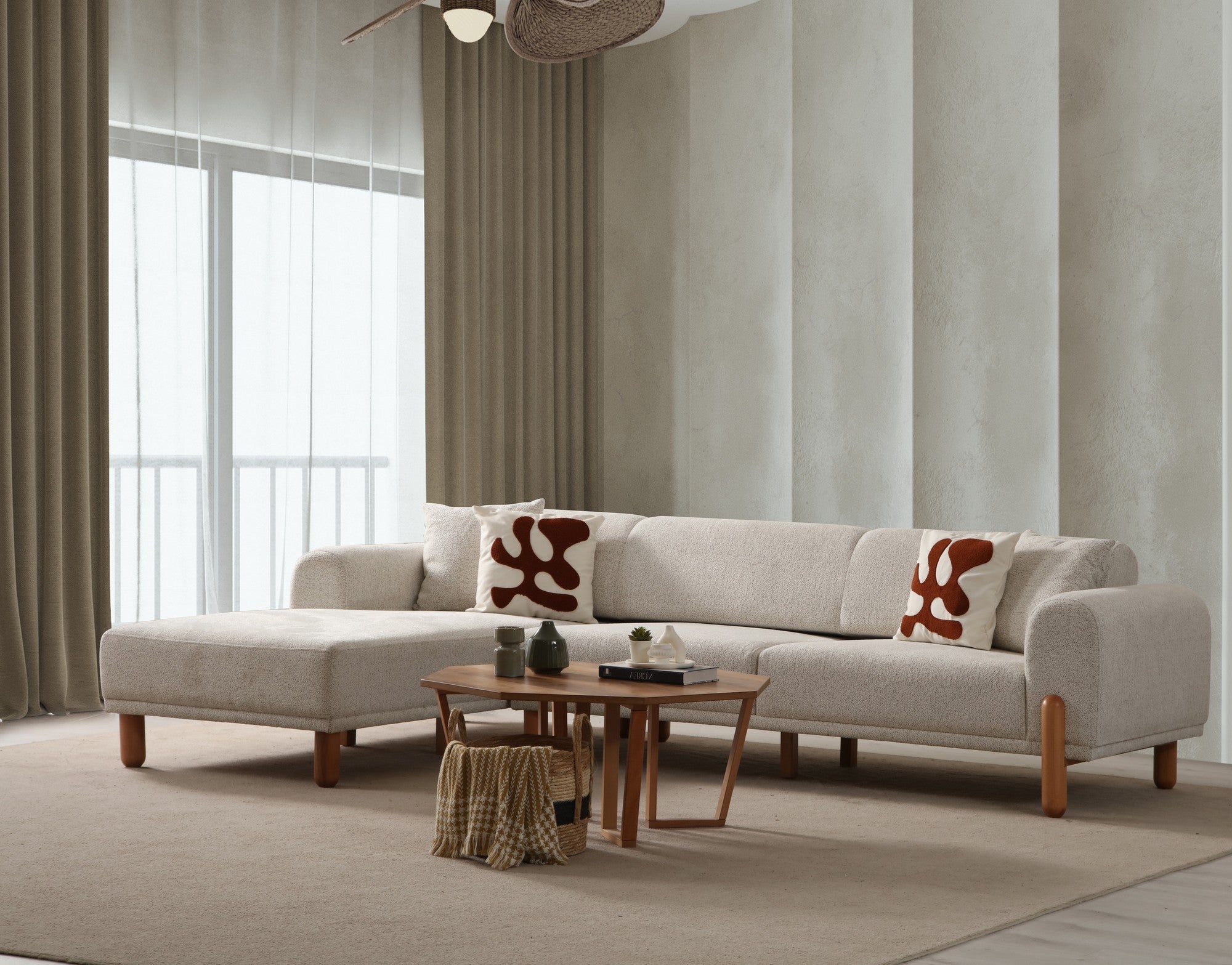 Sofá-cama de canto elegante, creme, 180 x 290 cm | Estrutura em madeira de faia e aglomerado, 100% poliéster, mecanismo giratório nas costas, pernas de madeira preta | Elegante e funcional