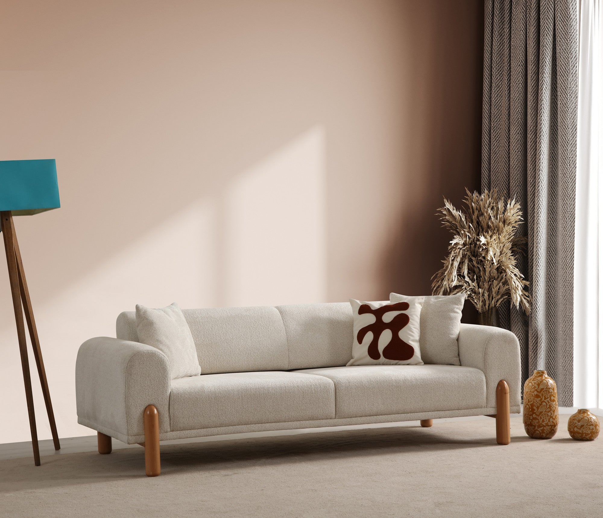 Sofá-cama elegante de 3 lugares, cor creme, 228 x 88 x 75 cm | Estrutura em madeira de faia, 100% poliéster, mecanismo giratório para o encosto | Perfeito para espaços modernos