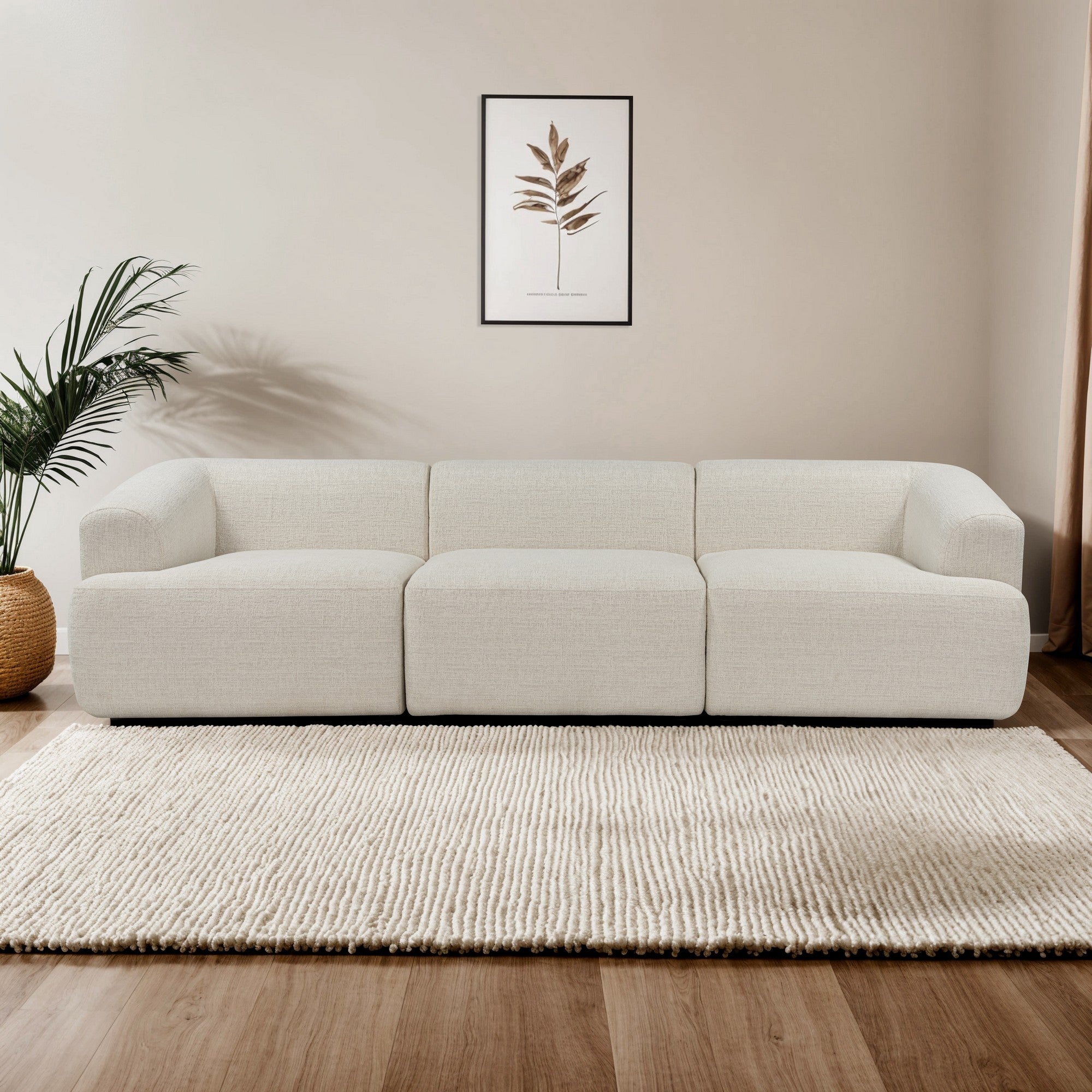 Sofá elegante de 3 lugares, branco, 277 x 72 x 103 cm | Tecido de textura macia, estrutura de faia e abeto | Perfeito para salas de estar modernas e espaços aconchegantes