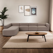 Sofá de canto elegante, marrom claro, 320 x 235 x 69 cm | Tecido de textura macia, estrutura de faia e abeto, 30 almofadas de espuma DNS | Perfeito para salas de estar modernas