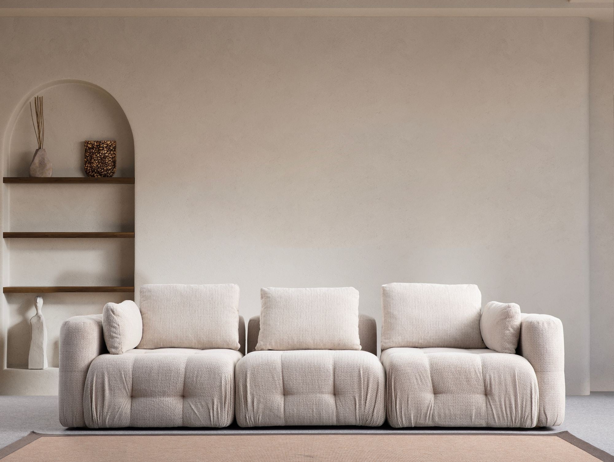 Sofá elegante de 3 lugares, bege, 290 cm | Estrutura em madeira de faia e aglomerado, tecido 100% poliéster | Inclui 5 almofadas, conforto em espuma macia, design moderno