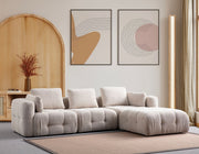 Sofá de canto elegante, bege, 290 x 200 cm | Estrutura em madeira de faia e aglomerado, tecido 100% poliéster | Inclui 5 almofadas, perfeito para ambientes modernos