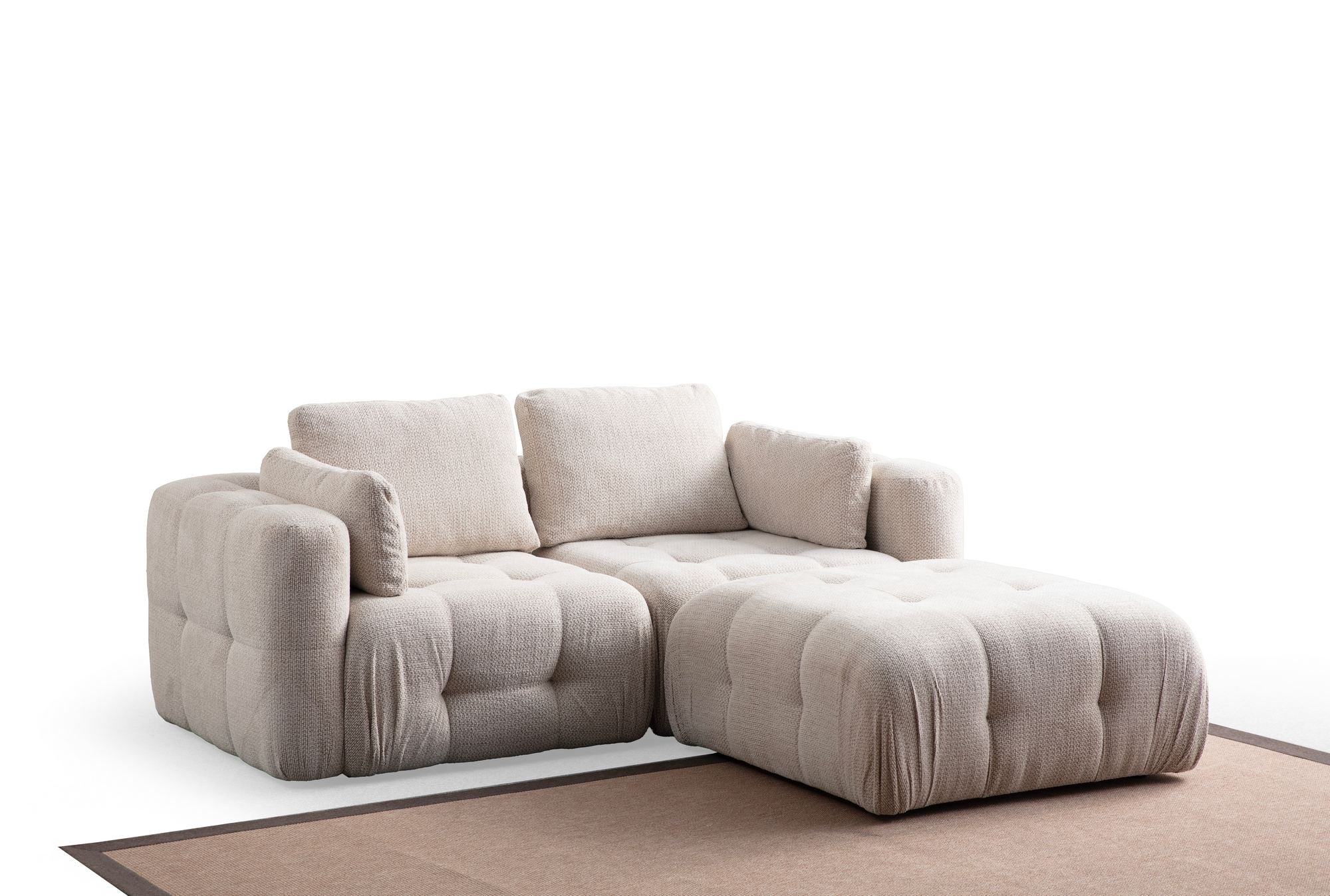 Sofá de canto elegante, bege, 180 x 120 x 65 cm | Estrutura em madeira de faia e aglomerado, tecido 100% poliéster, almofadas e travesseiros de espuma macia incluídos | Conforto moderno