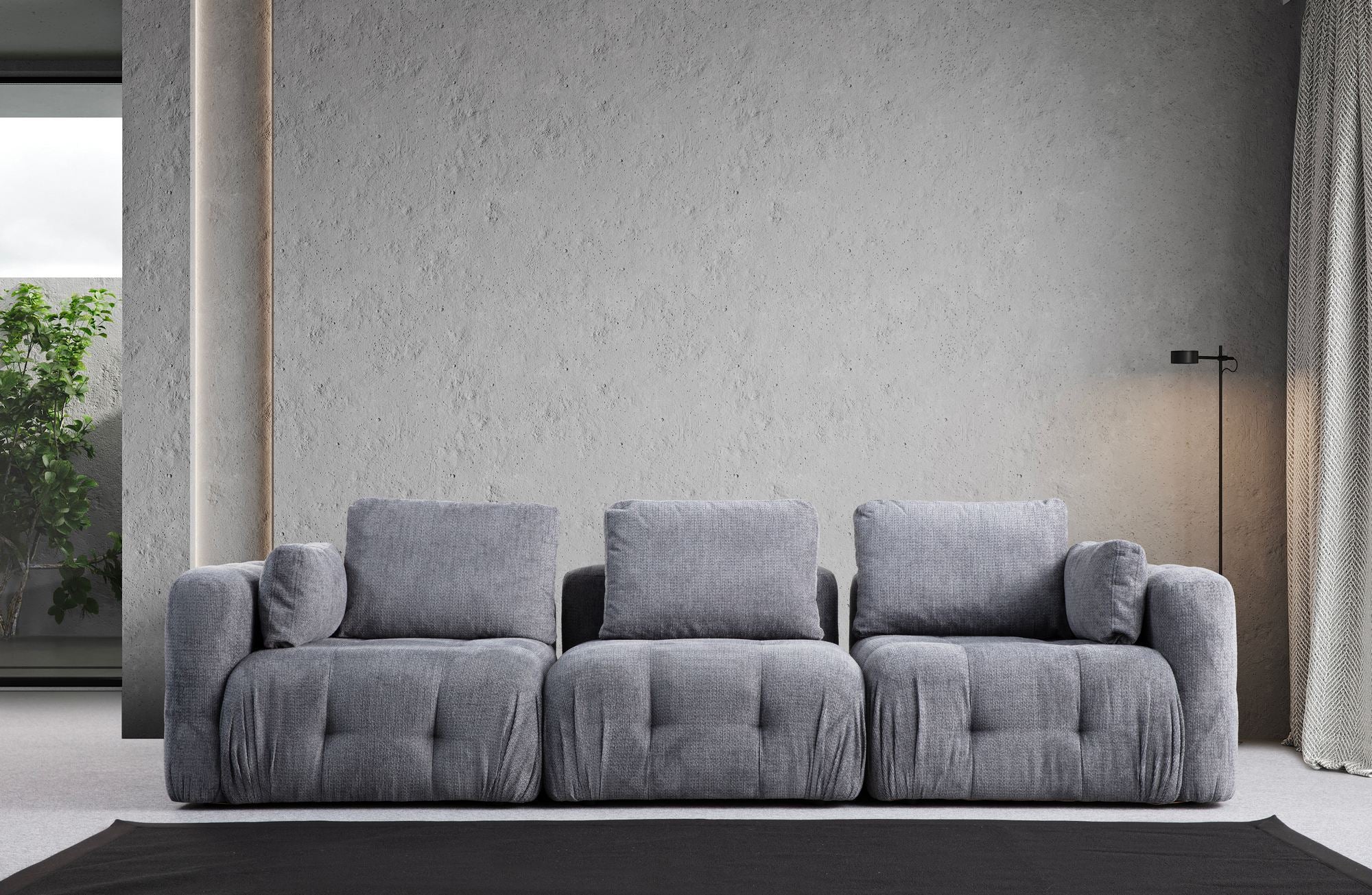 Sofá elegante de 3 lugares, tecido cinza, 290 cm | Estrutura em madeira de faia e aglomerado, almofadas de espuma macia, inclui 5 travesseiros | Perfeito para salas de estar modernas