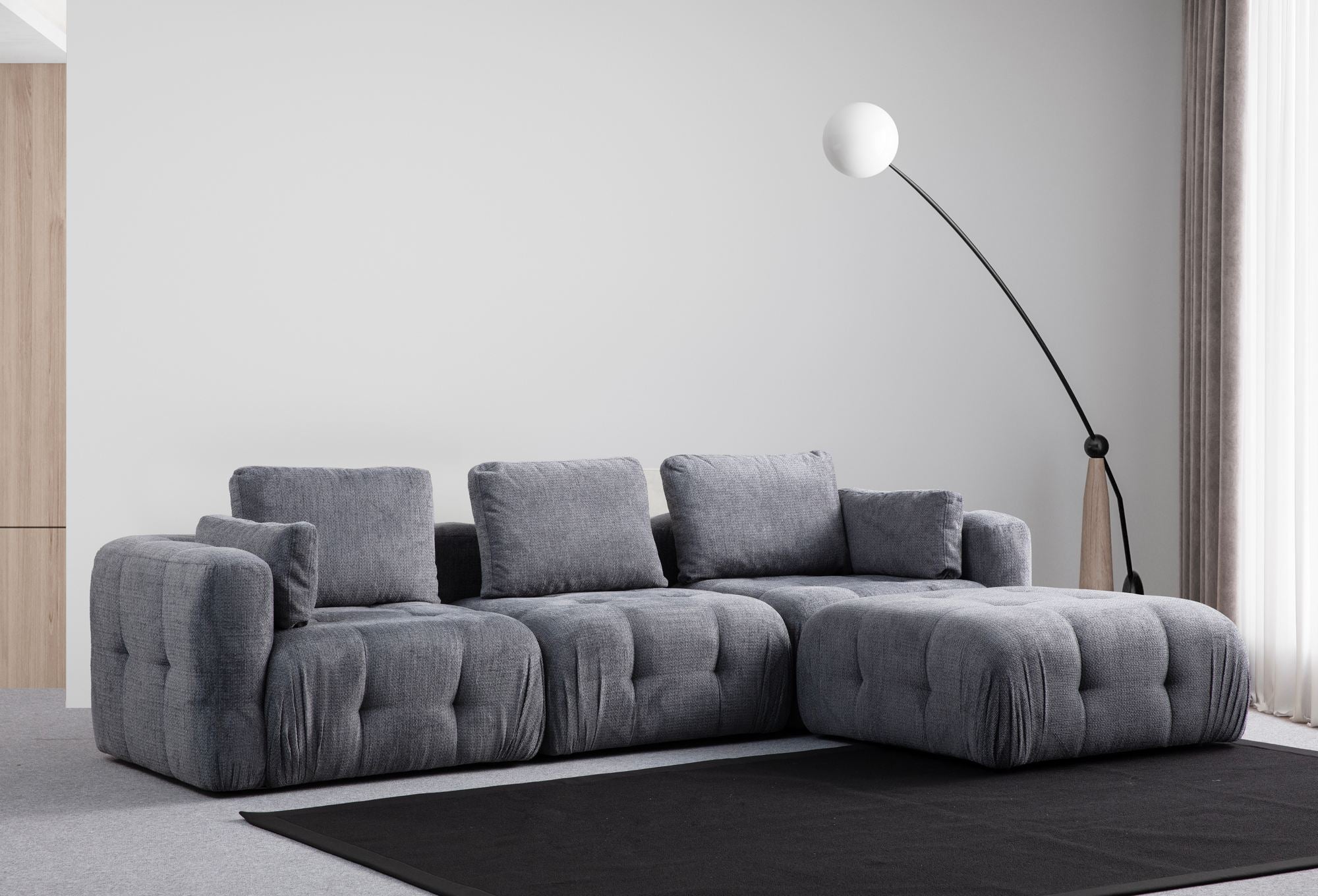 Sofá de canto elegante, tecido cinza, 290 x 200 cm | Estrutura em madeira de faia e aglomerado, almofadas de espuma macia, inclui 5 almofadas | Perfeito para salas de estar modernas