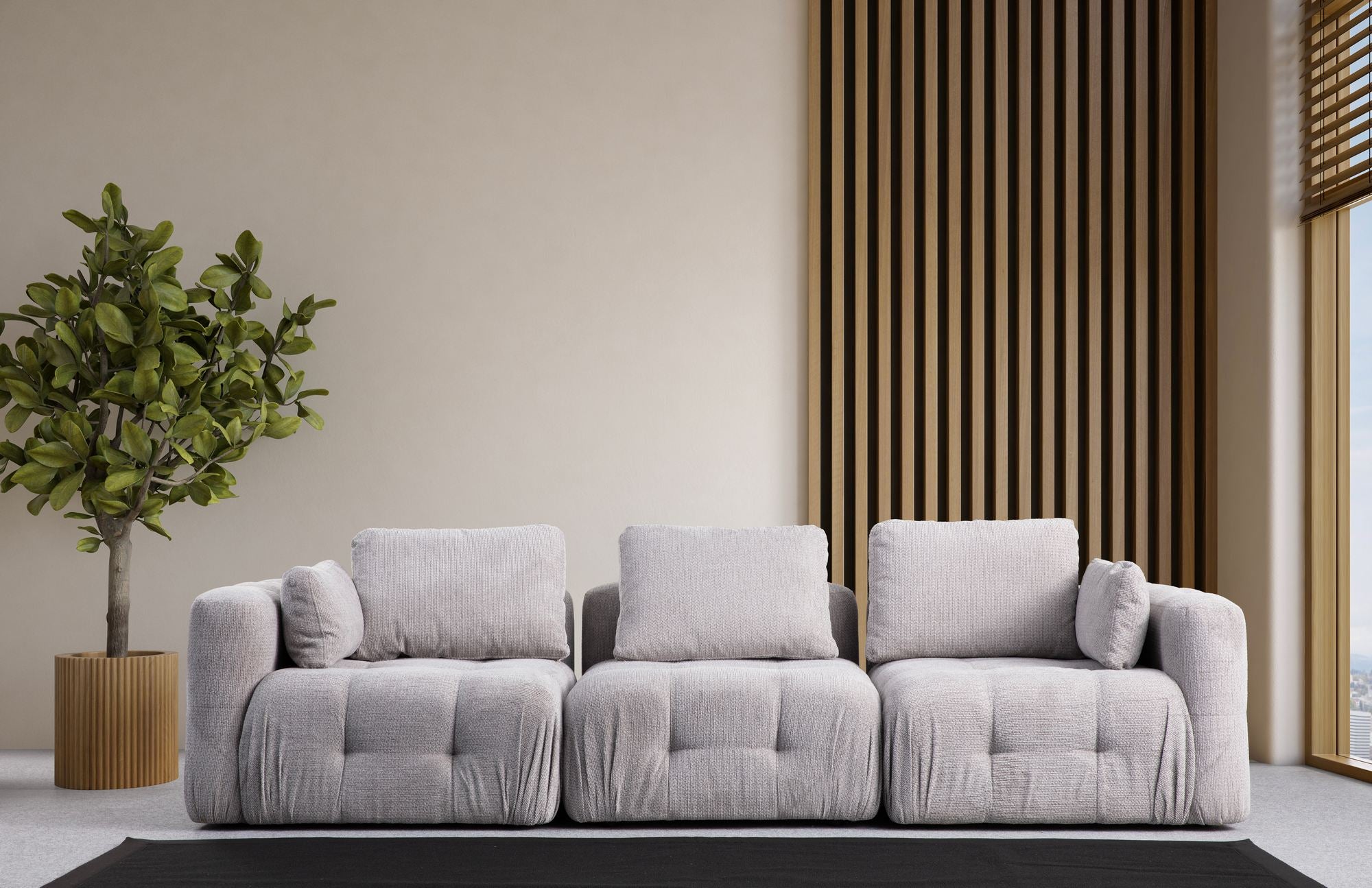 Sofá elegante de 3 lugares, cinza claro, 290 x 100 x 65 cm | Estrutura em madeira de faia e aglomerado, tecido 100% poliéster | Inclui 5 almofadas, perfeito para salas de estar modernas