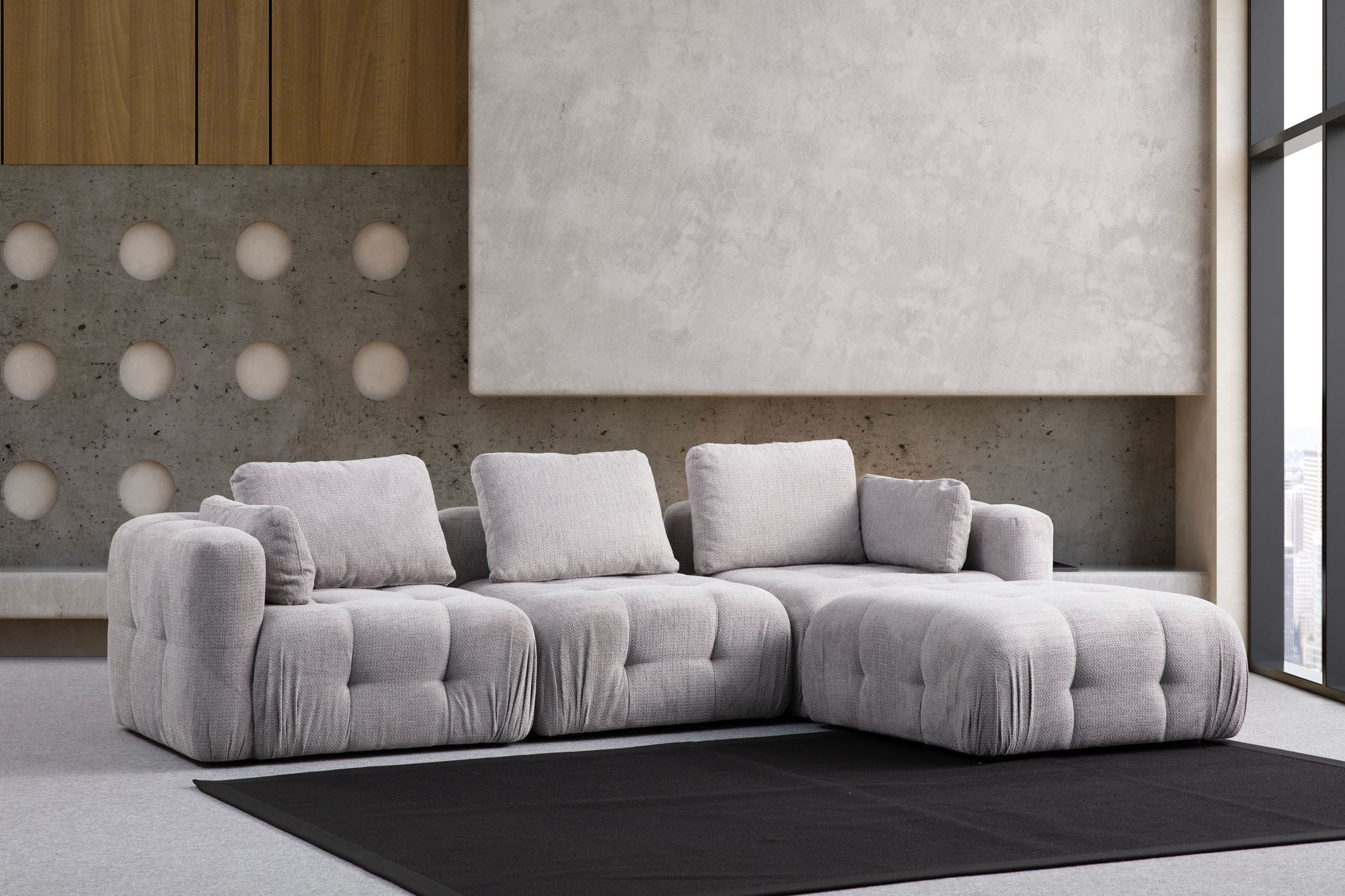 Sofá de canto elegante, cinza claro, 290 x 200 cm | Estrutura em madeira de faia e aglomerado, tecido 100% poliéster | Inclui 5 almofadas, perfeito para salas de estar modernas