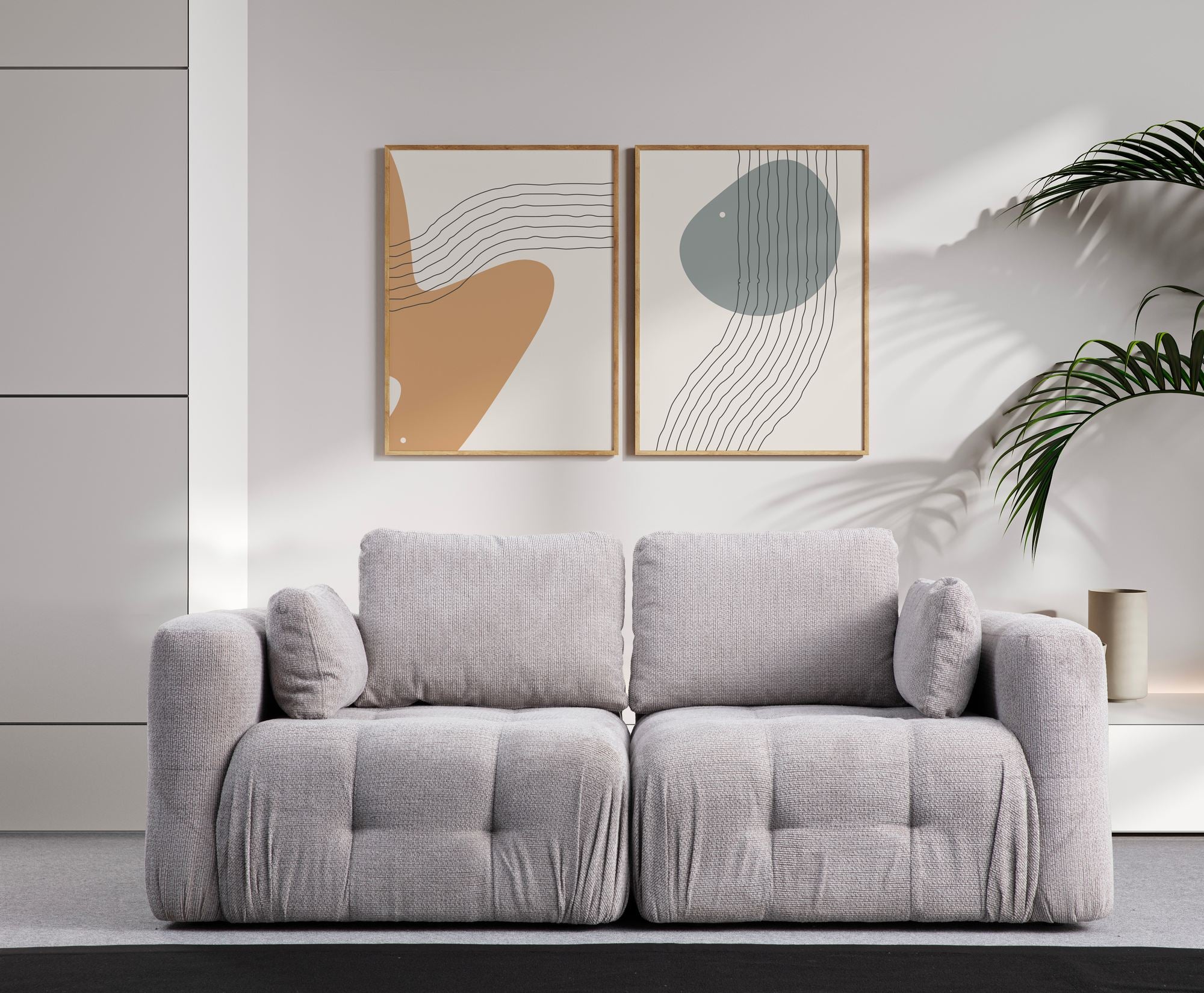 Sofá elegante de 2 lugares, cinza claro, 300 x 120 x 65 cm | Estrutura em madeira de faia e aglomerado, tecido 100% poliéster | Espuma macia e almofadas incluídas, conforto moderno