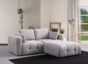 Sofá de canto elegante, cinza claro, 180 x 120 x 65 cm | Estrutura em madeira de faia e aglomerado, tecido 100% poliéster | Inclui almofadas, perfeito para ambientes modernos