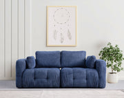 Sofá elegante de 2 lugares, azul-marinho, 300 x 120 x 65 cm | Estrutura em madeira de faia e aglomerado, tecido 100% poliéster | Espuma macia e almofadas incluídas, design moderno