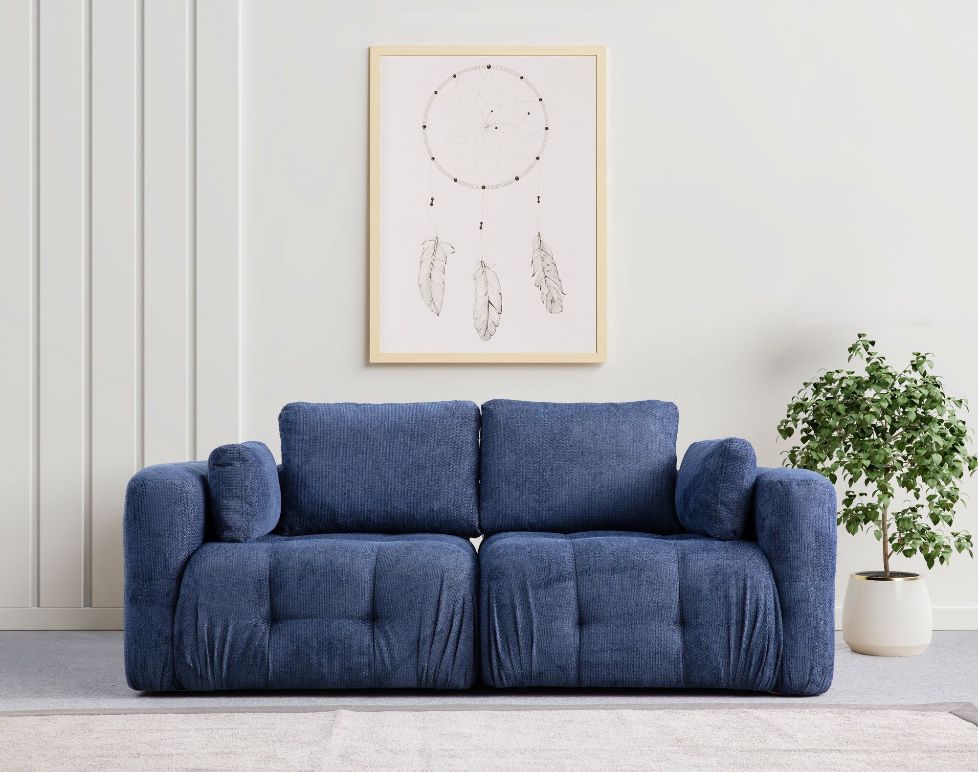 Sofá elegante de 2 lugares, azul-marinho, 300 x 120 x 65 cm | Estrutura em madeira de faia e aglomerado, tecido 100% poliéster | Espuma macia e almofadas incluídas, design moderno