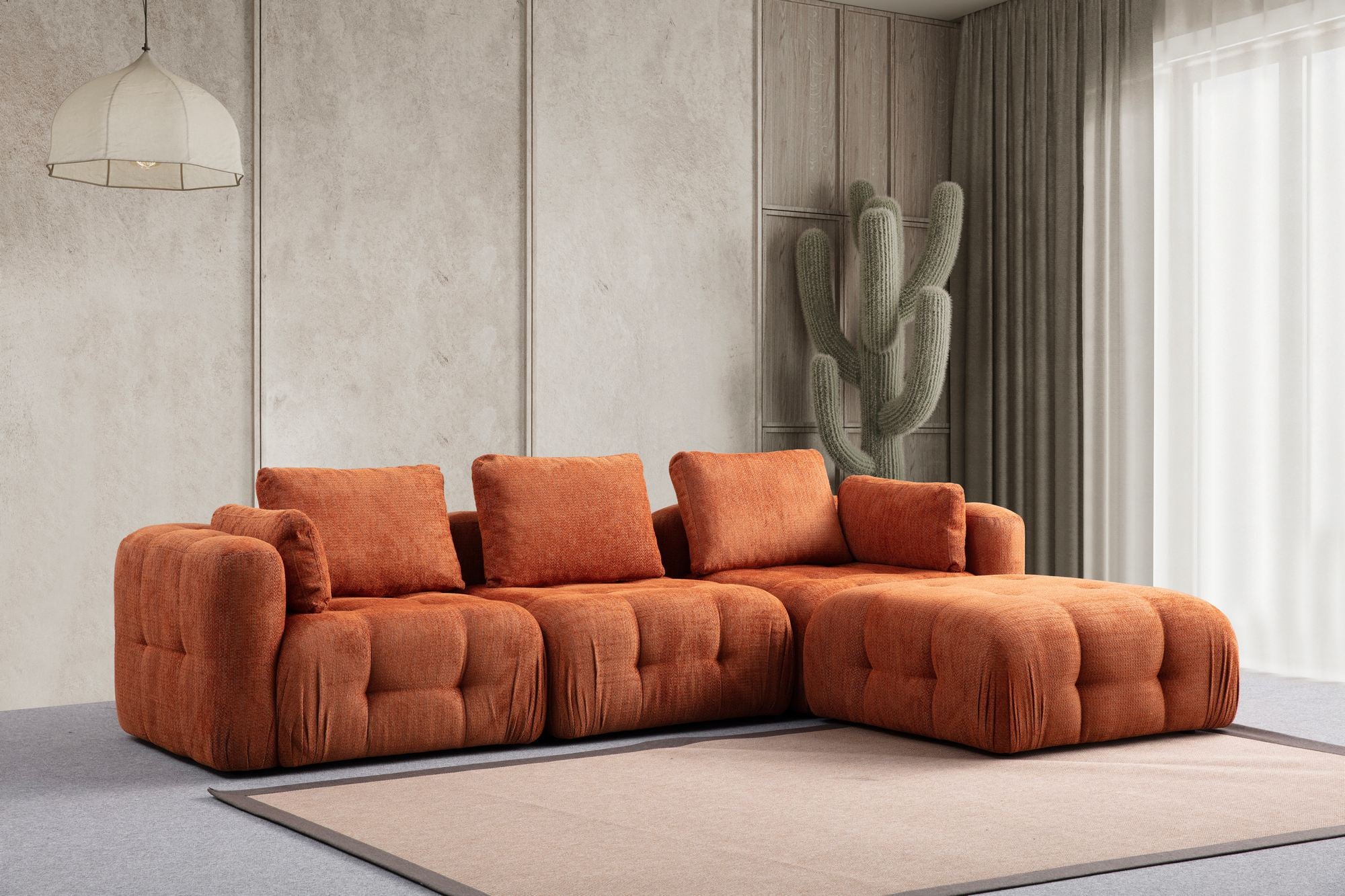 Sofá de canto laranja elegante, 290 x 200 cm | Estrutura em madeira de faia e aglomerado, tecido 100% poliéster | Inclui 5 almofadas, perfeito para salas de estar modernas