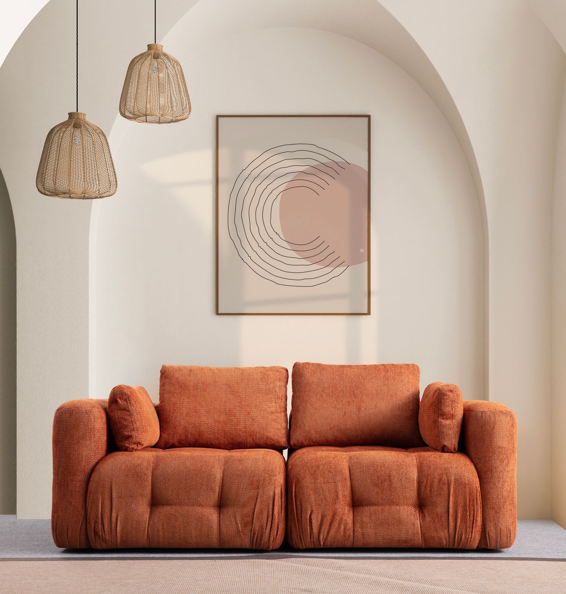 Sofá elegante de 2 lugares, laranja, 300 cm | Estrutura em madeira de faia e aglomerado, tecido 100% poliéster | Espuma macia e almofadas incluídas | Perfeito para espaços modernos