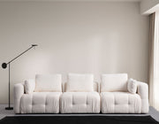 Sofá elegante de 3 lugares, branco, 290 cm | Estrutura em madeira de faia e aglomerado, tecido 100% poliéster | Inclui 5 almofadas, conforto em espuma macia, design moderno