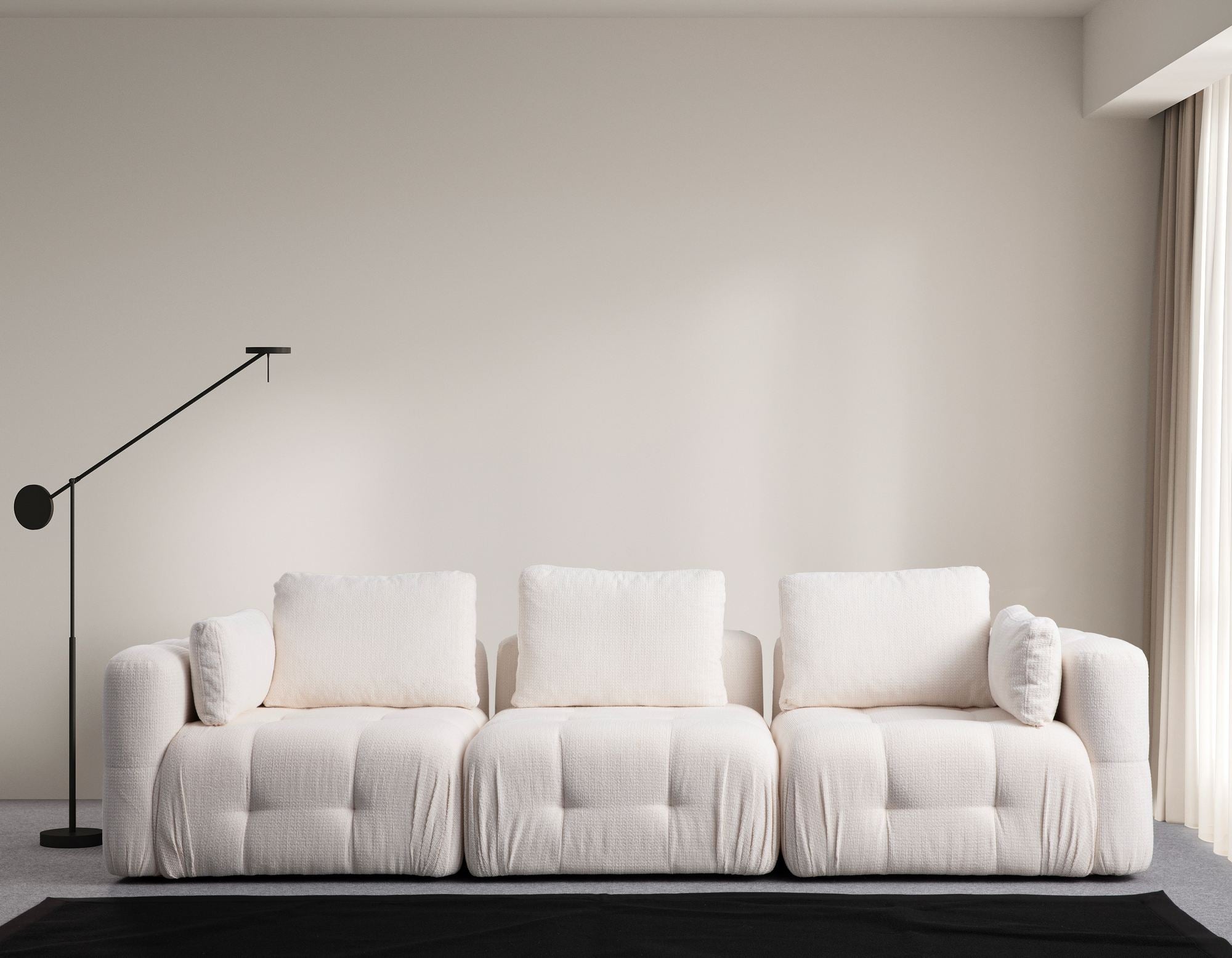 Sofá elegante de 3 lugares, branco, 290 cm | Estrutura em madeira de faia e aglomerado, tecido 100% poliéster | Inclui 5 almofadas, conforto em espuma macia, design moderno