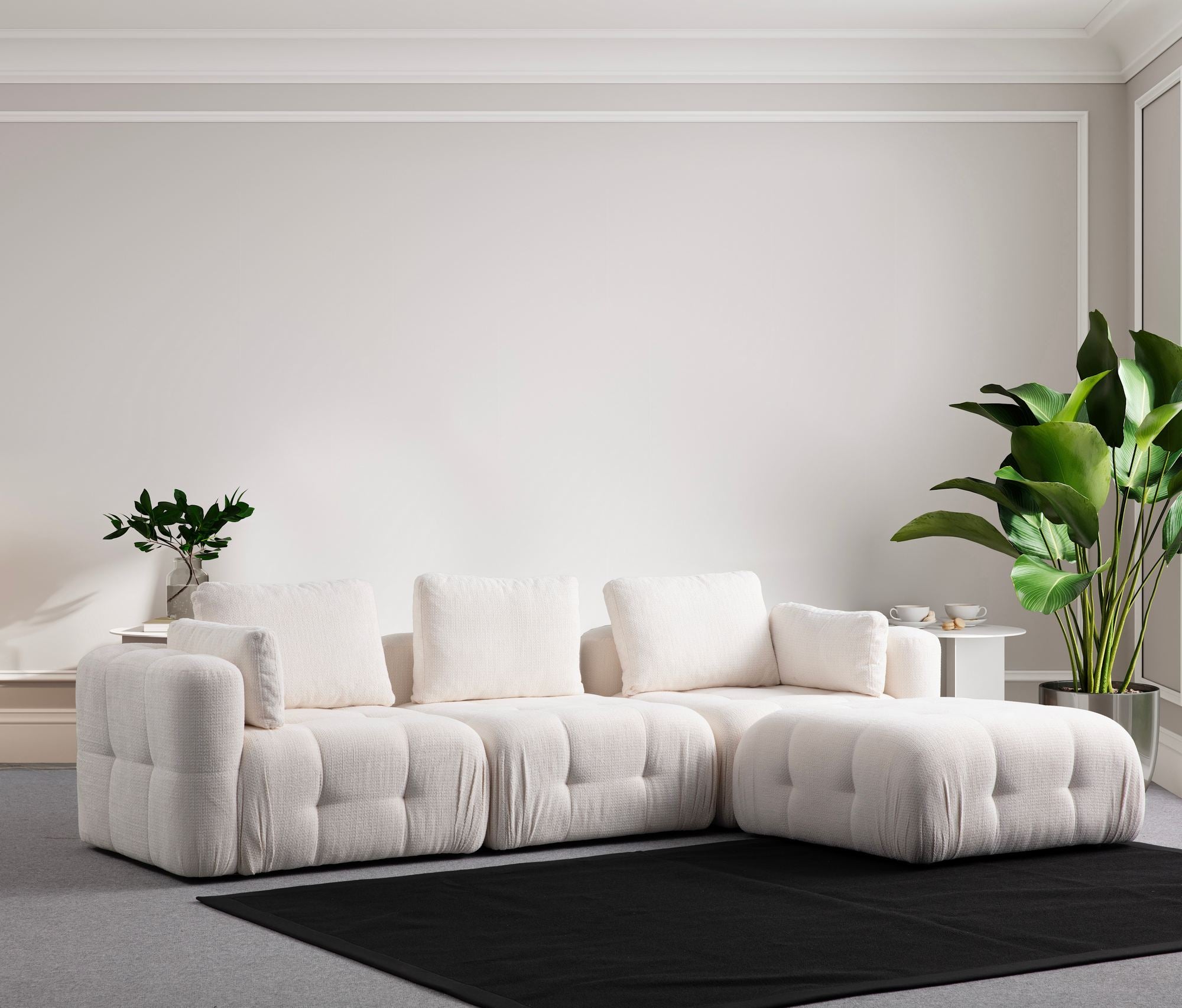 Sofá de canto elegante, branco, 290 x 200 cm | Estrutura em madeira de faia e aglomerado, tecido 100% poliéster | Inclui 5 almofadas, perfeito para ambientes modernos