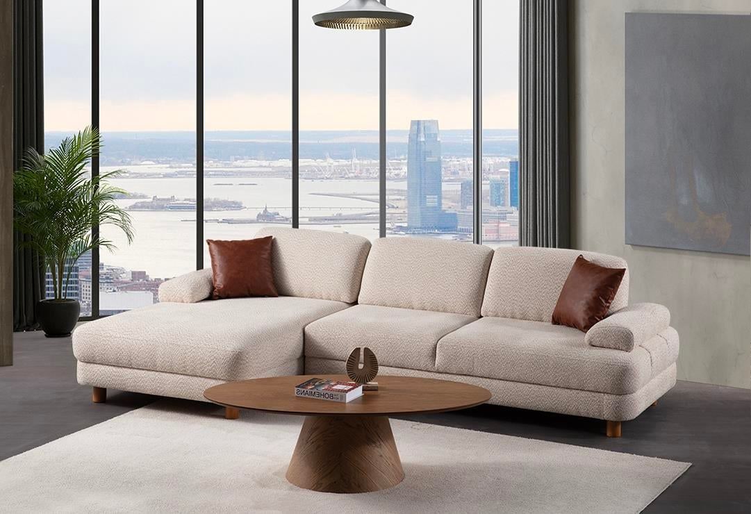 Sofá-cama de canto elegante, creme, 315 x 100-165 x 75 cm | Estrutura de madeira/aglomerado durável, espuma 28 DNS, armazenamento e tecido lavável a seco | Conforto moderno