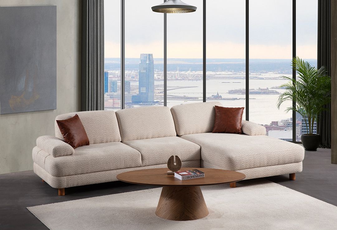 Sofá-cama de canto elegante, creme, 315 x 100-165 x 75 cm | Estrutura de madeira/aglomerado durável, espuma 28 DNS, armazenamento e tecido lavável a seco | Conforto moderno