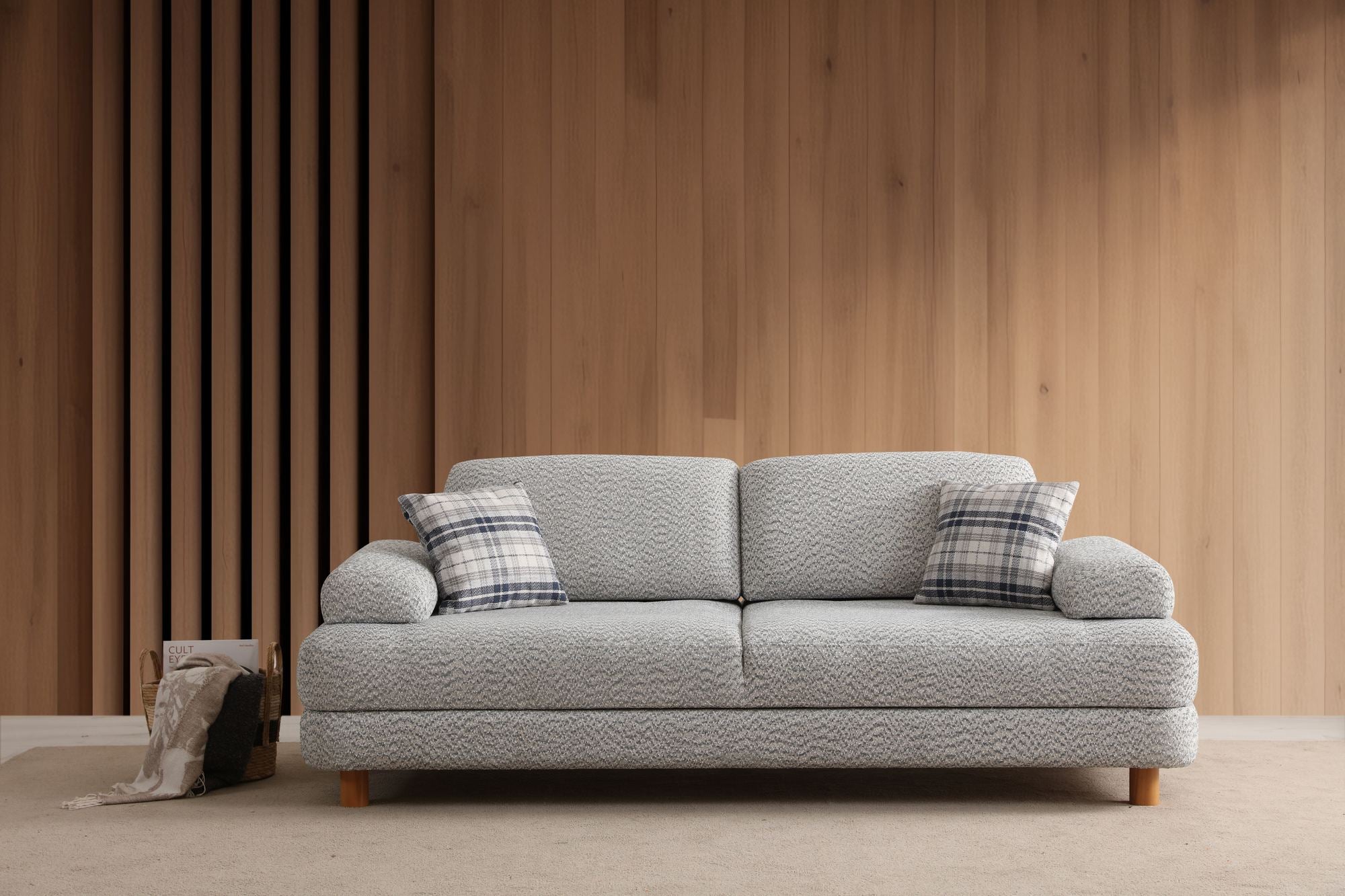 Sofá-cama versátil de 3 lugares, creme e azul, 225 x 100 x 75 cm | Estrutura de madeira/aglomerado durável, espuma 28 DNS, armazenamento sob o assento, tecido lavável a seco