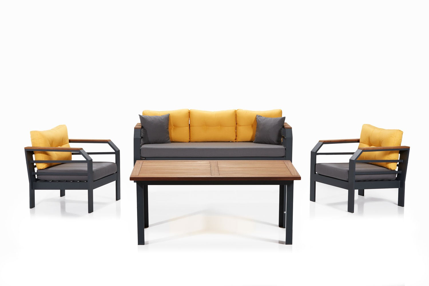 Conjunto de Lounge de Jardim – Sofá de 3 lugares, Cadeira de Asa e Mesa de Centro – Amarelo, Cinzento, Preto – Alumínio e Acrílico