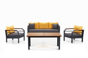 Conjunto de Lounge de Jardim – Sofá de 3 lugares, Cadeira de Asa e Mesa de Centro – Amarelo, Cinzento, Preto – Alumínio e Acrílico