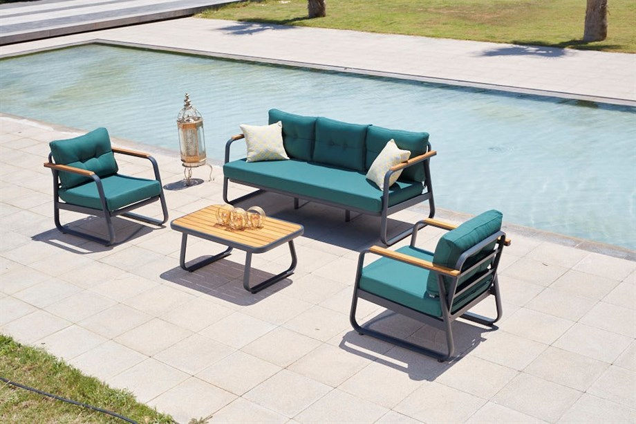 Conjunto de Lounge de Jardim – Sofá de 3 lugares, Poltronas, Mesa de Café – Azul Petróleo – Madeira de Iriko, Alumínio, Acrílico