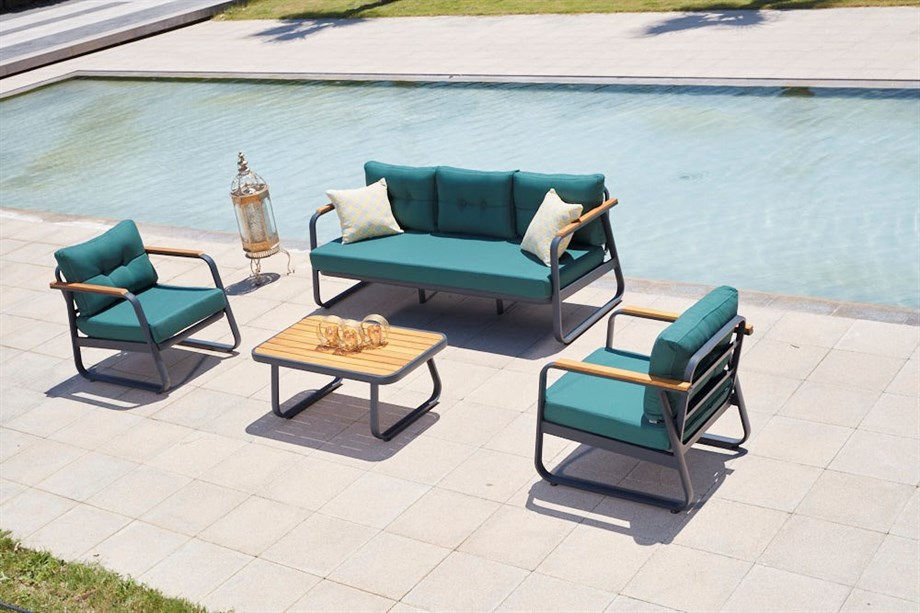 Conjunto de Lounge de Jardim – Sofá de 3 lugares, Poltronas, Mesa de Café – Azul Petróleo – Madeira de Iriko, Alumínio, Acrílico