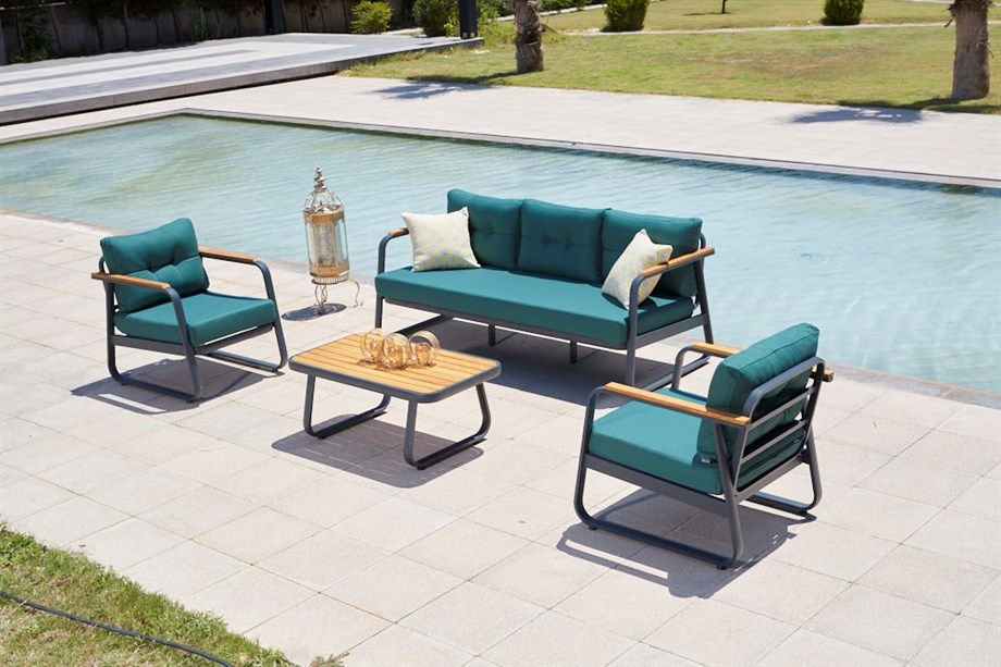 Conjunto de Lounge de Jardim – Sofá de 3 lugares, Poltronas, Mesa de Café – Azul Petróleo – Madeira de Iriko, Alumínio, Acrílico