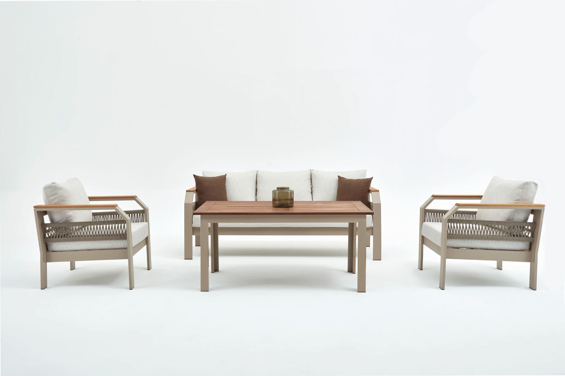 Conjunto de Lounge de Jardim – Sofá de 3 lugares + 2 Sofás de 1 lugar + Mesa de Café – Bege – Tecido OLEFIN