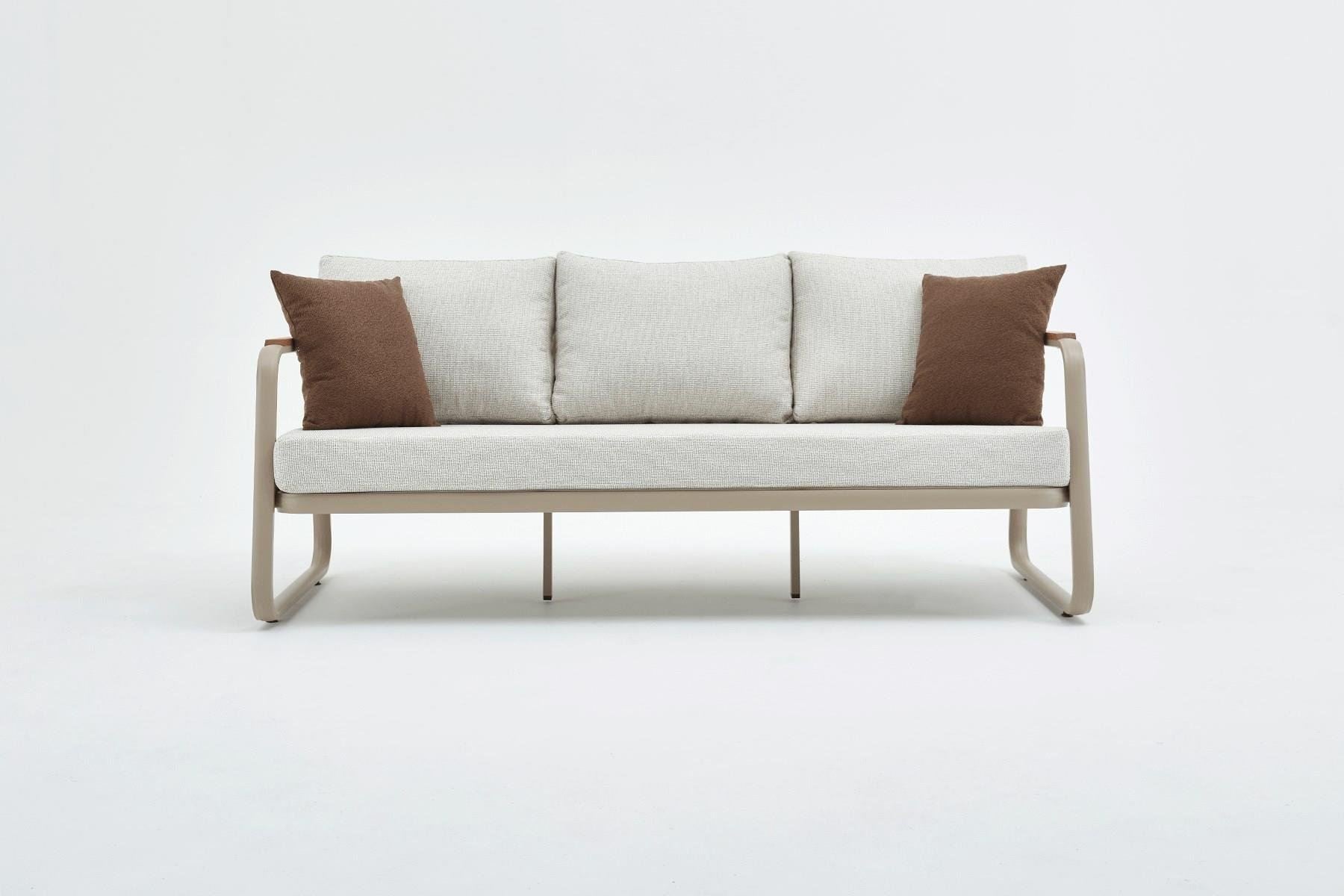 Conjunto de Lounge de Jardim – Sofá de 3 lugares, dois sofás de 1 lugar e mesa de café – Bege – Tecido 100% OLEFIN