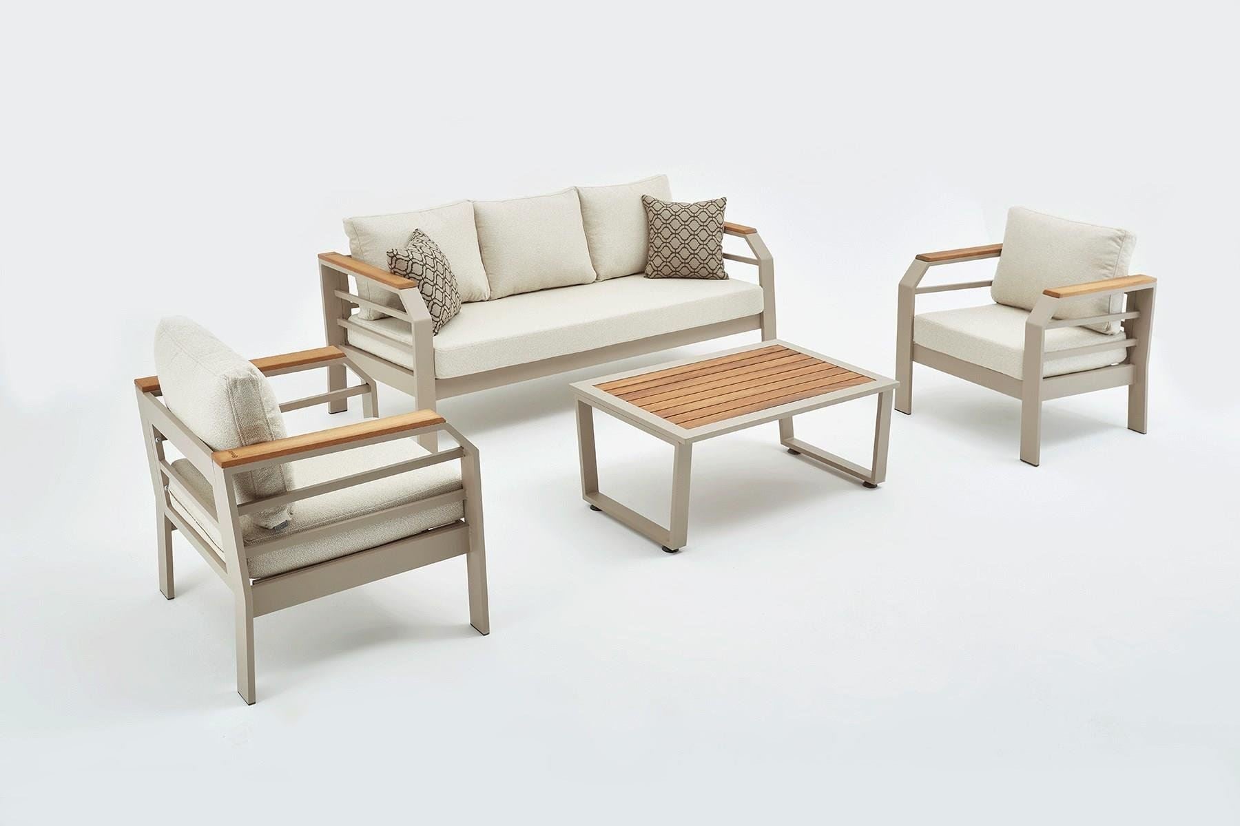 Conjunto de Lounge de Jardim – sofás de 3 lugares e 1 lugar – bege – tecido OLEFIN