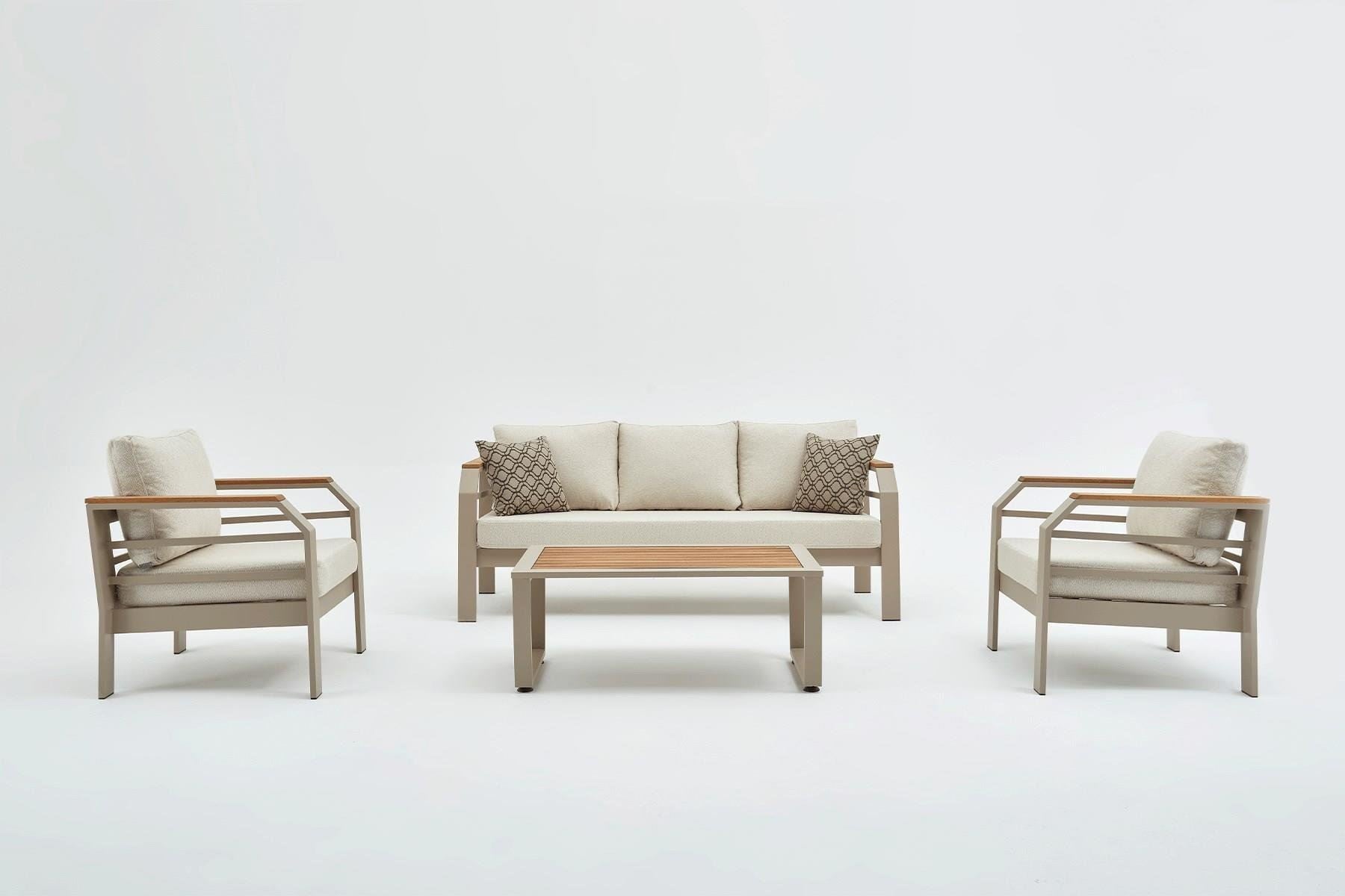 Conjunto de Lounge de Jardim – sofás de 3 lugares e 1 lugar – bege – tecido OLEFIN