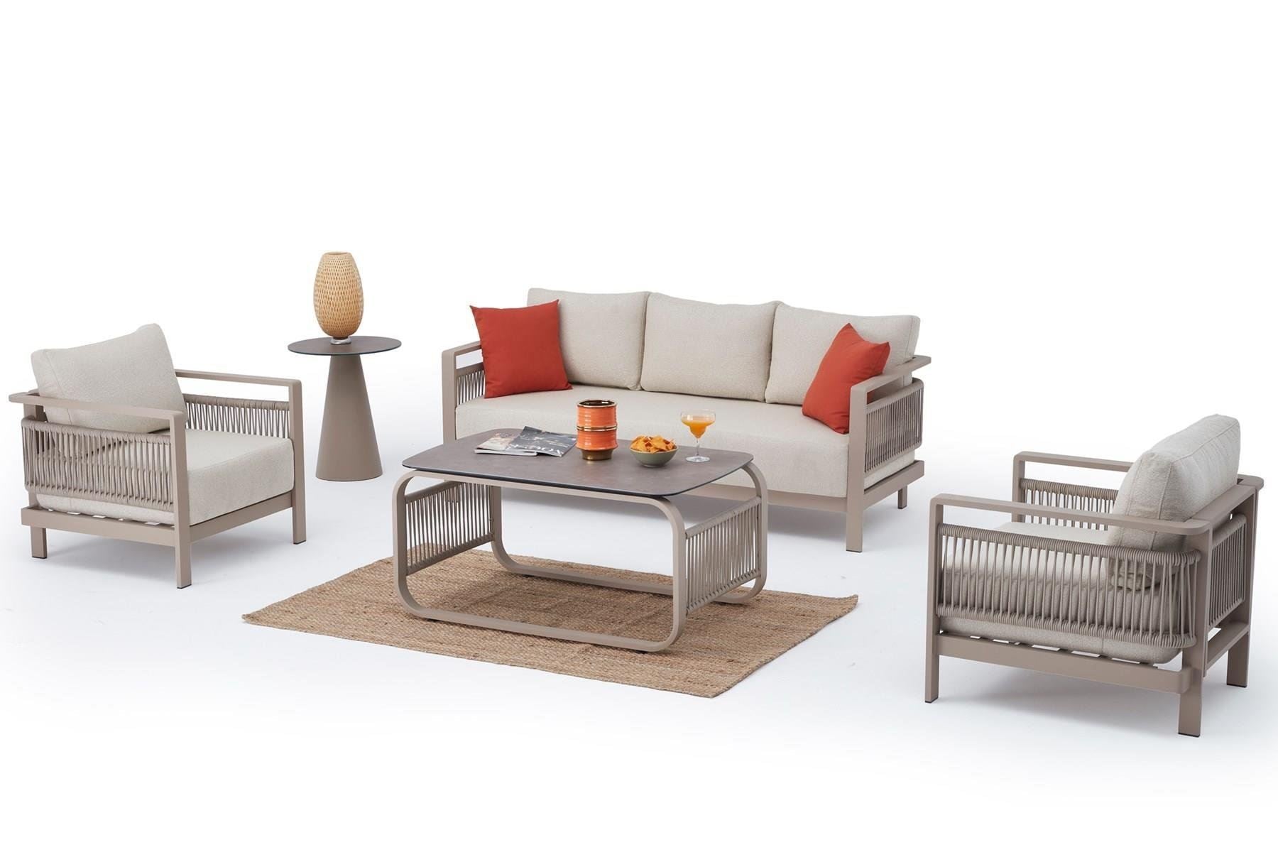 Conjunto de Lounge de Jardim – Sofá de 3 Lugares (188,5 cm) e 2 Sofás de 1 Lugar (77,1 cm) – Bege – Tecido OLEFIN