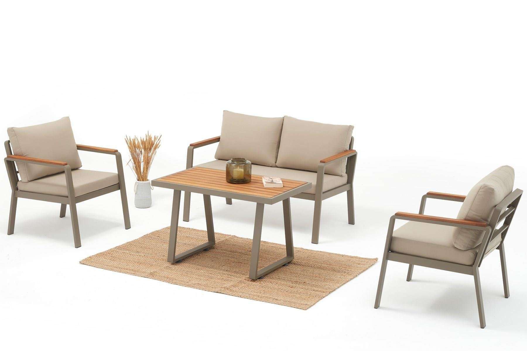 Conjunto de Lounge de Jardim – Sofá de 2 lugares: 125 cm x 74 cm x 69 cm, Sofá de 1 lugar: 69 cm x 74 cm x 66 cm, Mesa de Café: 98 cm x 60 cm x 56 cm – Bege – Metal