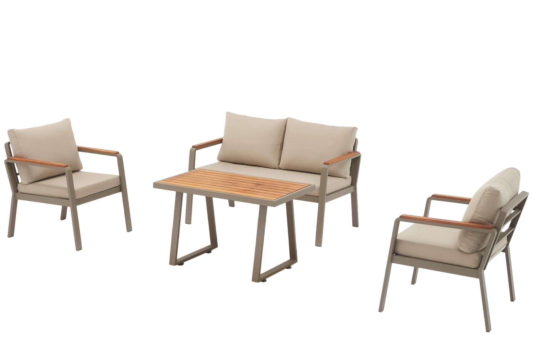 Conjunto de Lounge de Jardim – Sofá de 2 lugares: 125 cm x 74 cm x 69 cm, Sofá de 1 lugar: 69 cm x 74 cm x 66 cm, Mesa de Café: 98 cm x 60 cm x 56 cm – Bege – Metal