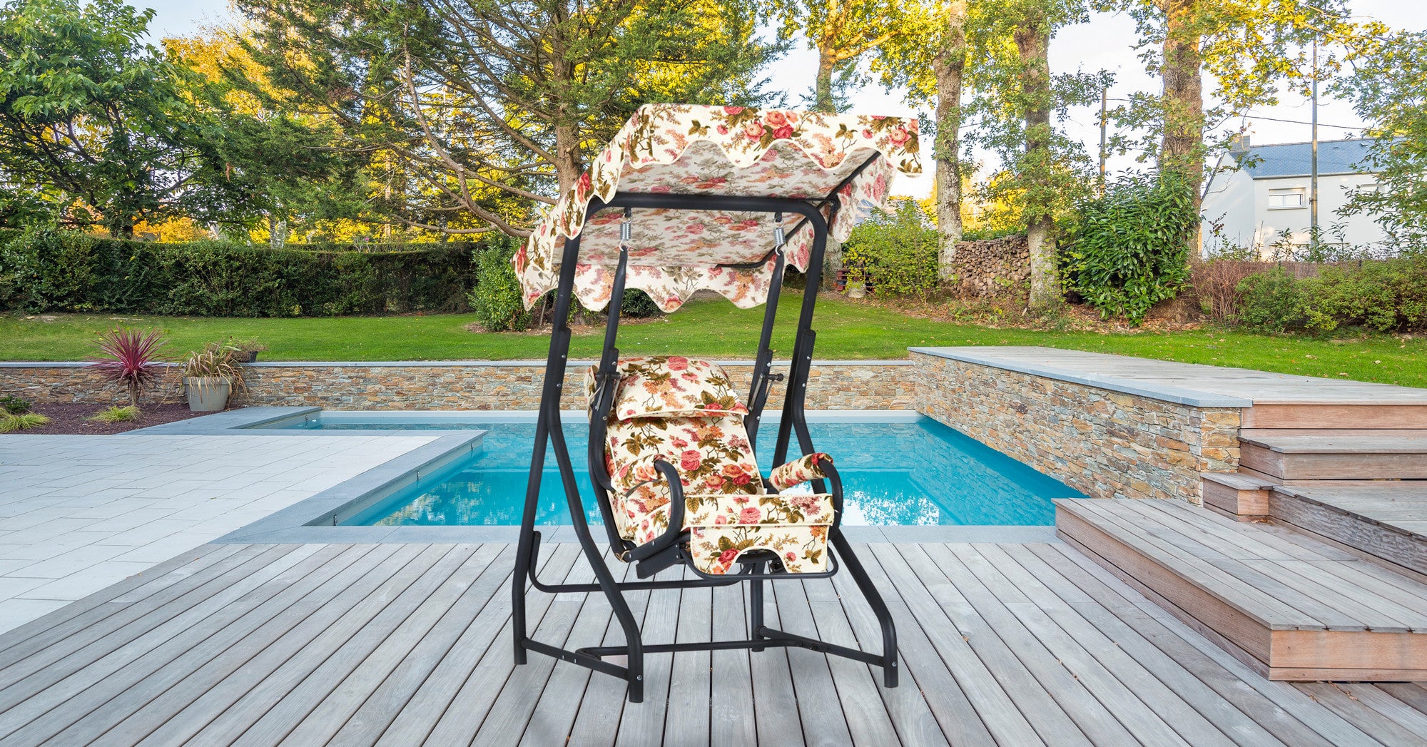 Cadeira Baloiço Individual para Jardim - Metal e Poliéster Multicolor com Almofada Removível - Suporta 95kg