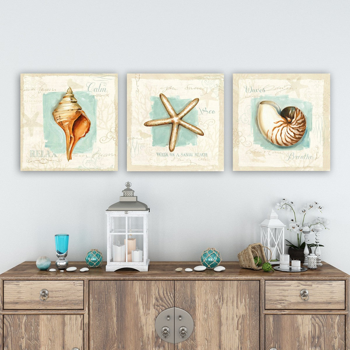 Conjunto de pinturas decorativas em tela – 30 x 90 cm – madeira